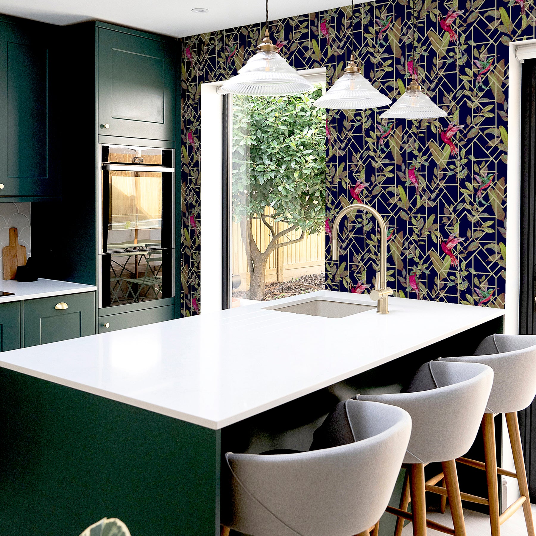 thelma-navy-tropical-deco-wallpaper-york-wallcoverings-ah908003 - York Wallcoverings Wallpaper