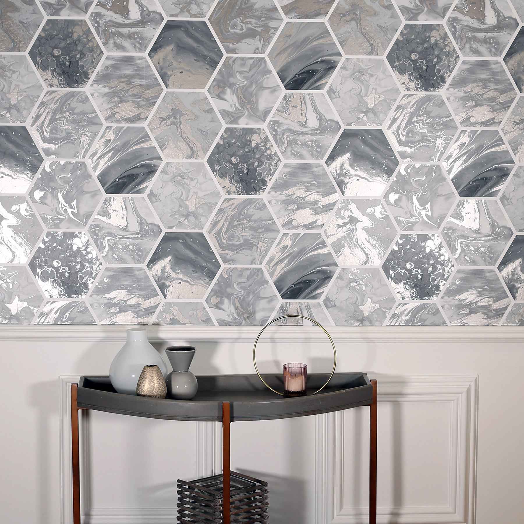 Marlon Charcoal Hexagon Tiles Wallpaper - York Wallcoverings - AH908502 - York Wallcoverings Wallpaper