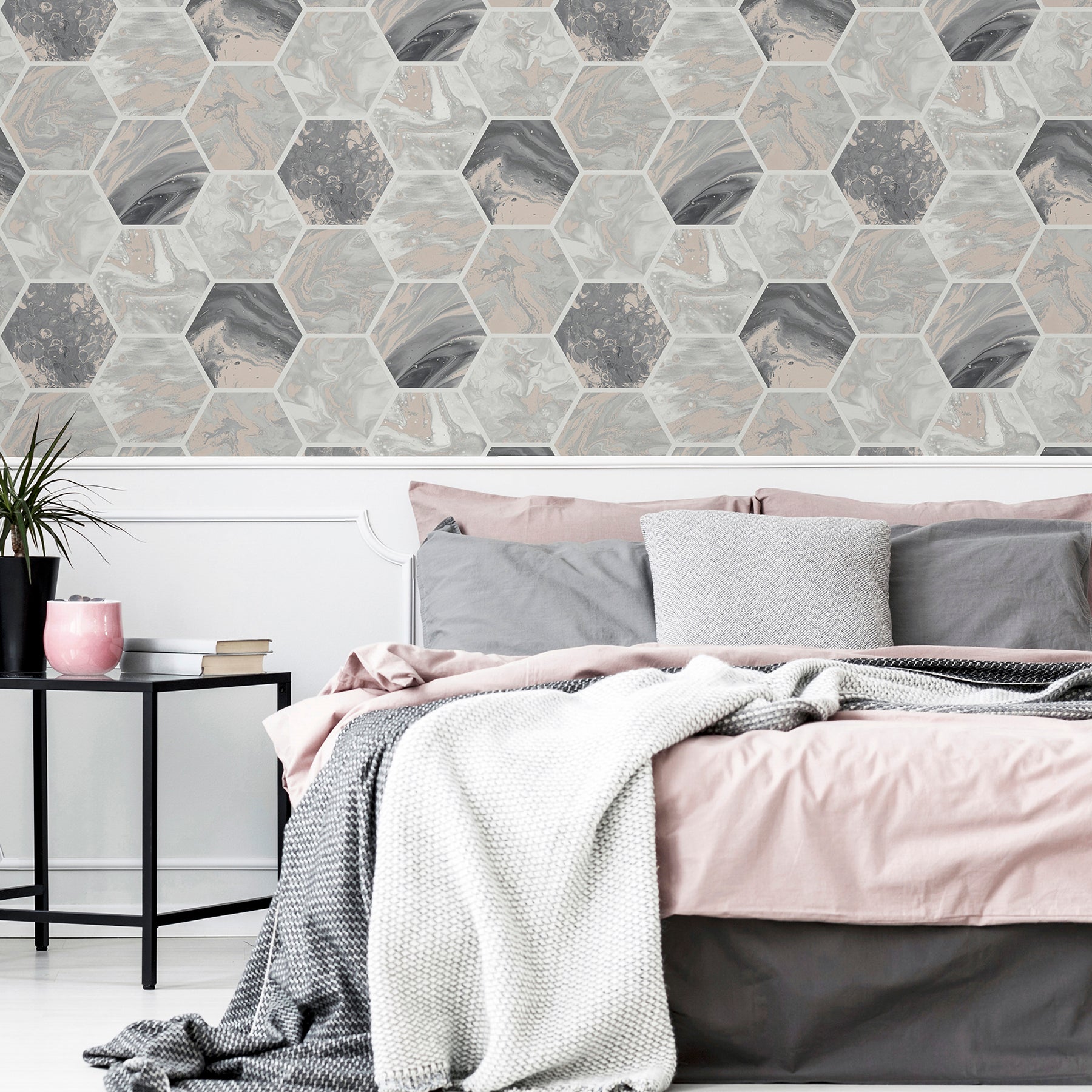 marlon-charcoal-hexagon-tiles-wallpaper-york-wallcoverings-ah908502 - York Wallcoverings Wallpaper