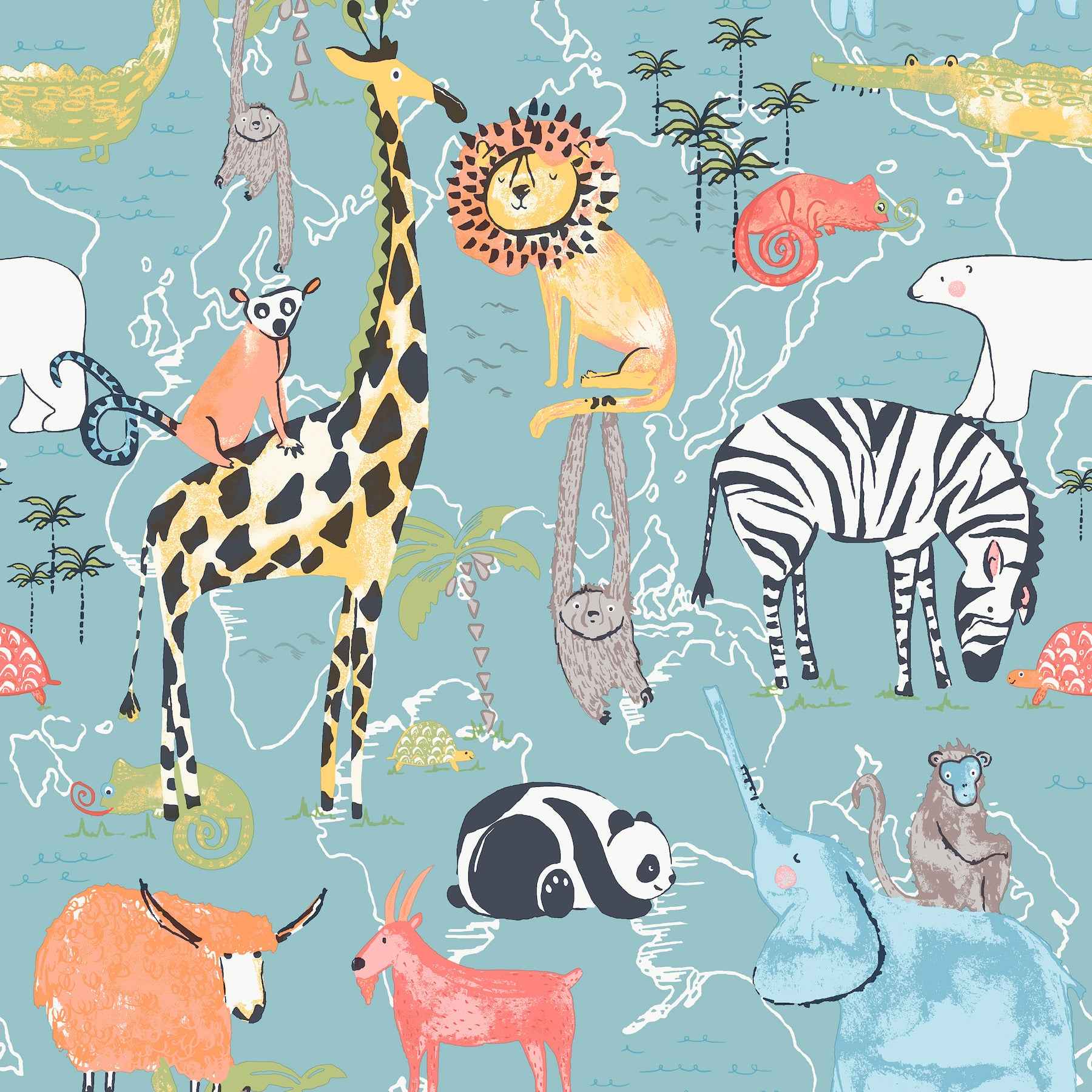 Safari Animals Blue Jungle Friends Wallpaper - York Wallcoverings - 4203-27541 - York Wallcoverings Wallpaper