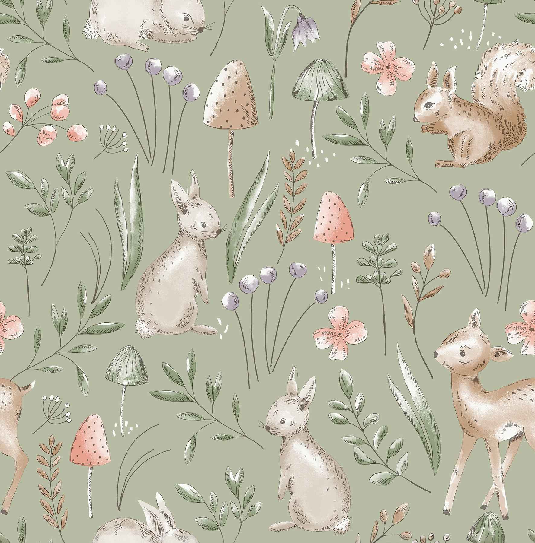 Forest Animals Sage Whimsical Wallpaper - York Wallcoverings - 4203-27547 - York Wallcoverings Wallpaper