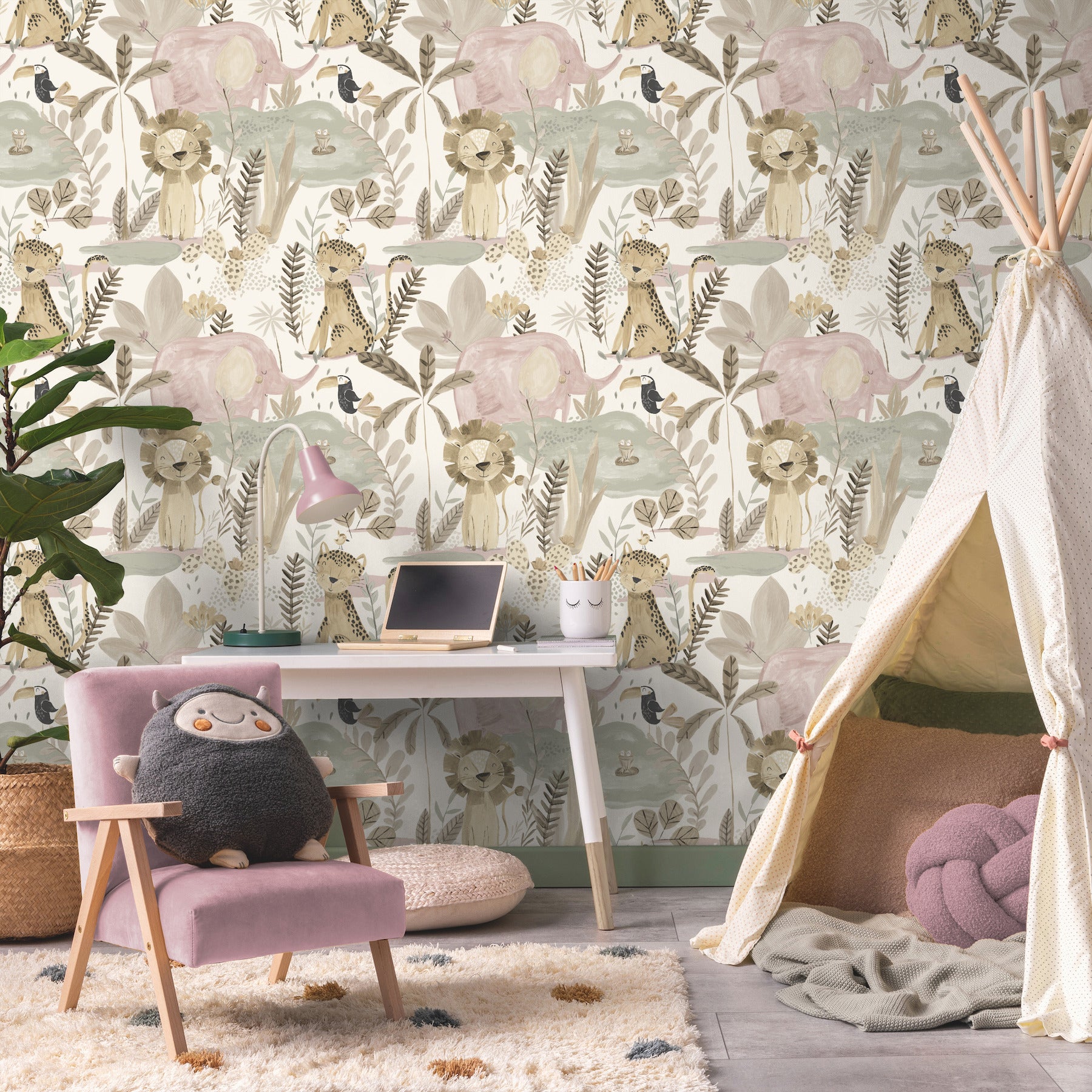 in-the-jungle-pink-animal-friends-wallpaper-york-wallcoverings-4203-27557 - York Wallcoverings Wallpaper