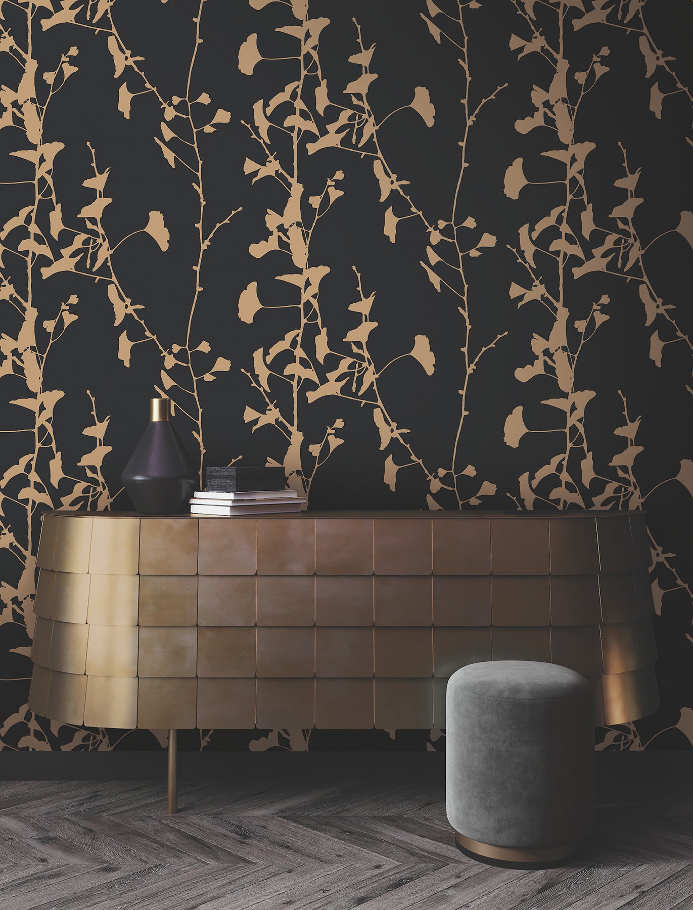 ginkgo-silhouette-black-gold-cork-wallpaper-york-wallcoverings-vr1512