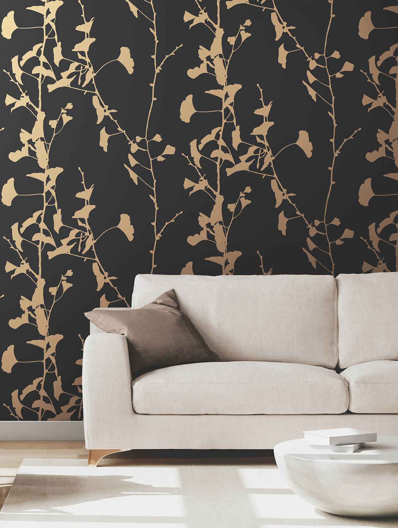 Ginkgo Silhouette Black & Gold Cork Wallpaper - York Wallcoverings - VR1512 - York Wallcoverings Wallpaper