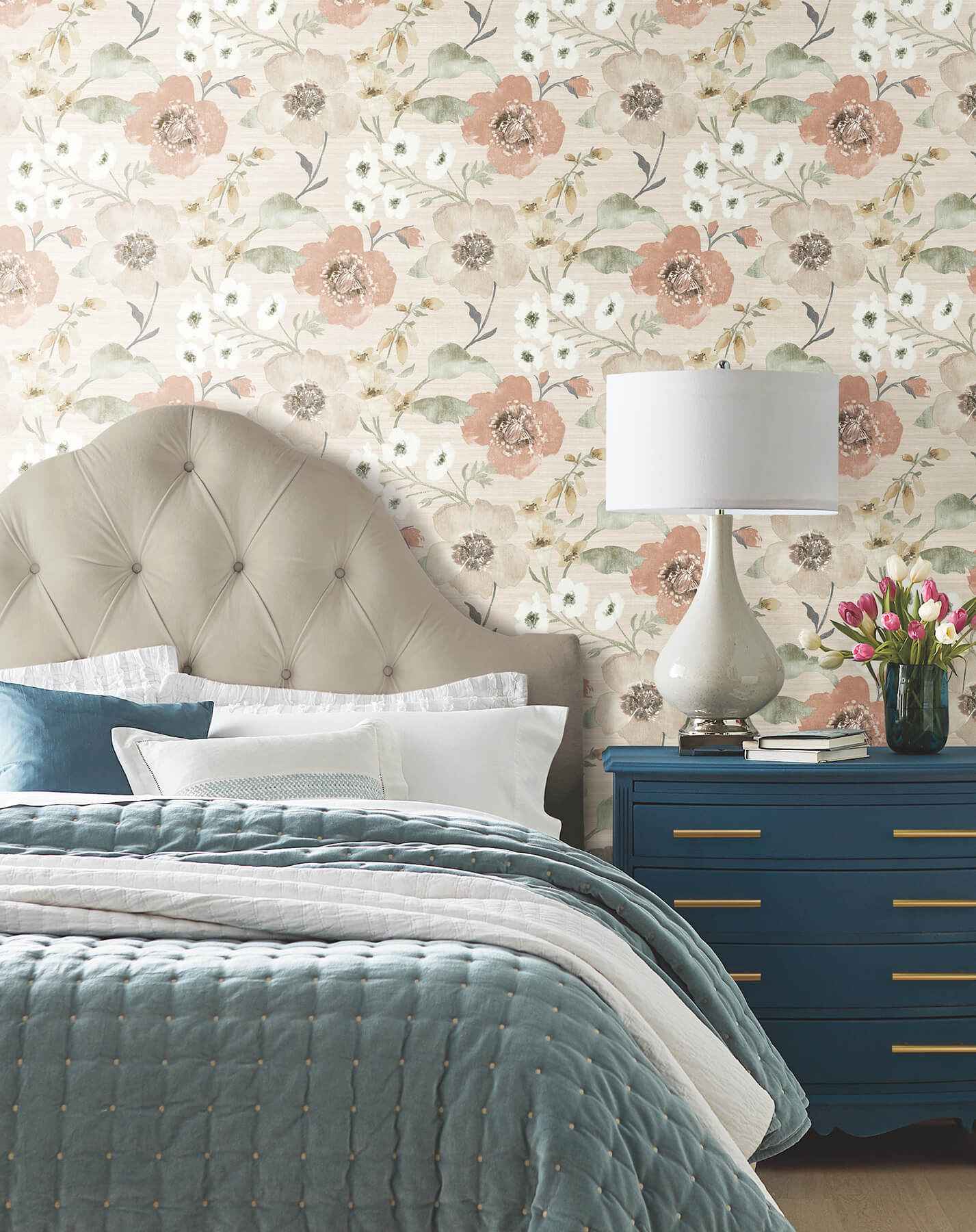 Evelyn Apricot Floral Wallpaper - York Wallcoverings - LL3201 - York Wallcoverings Papel pintado