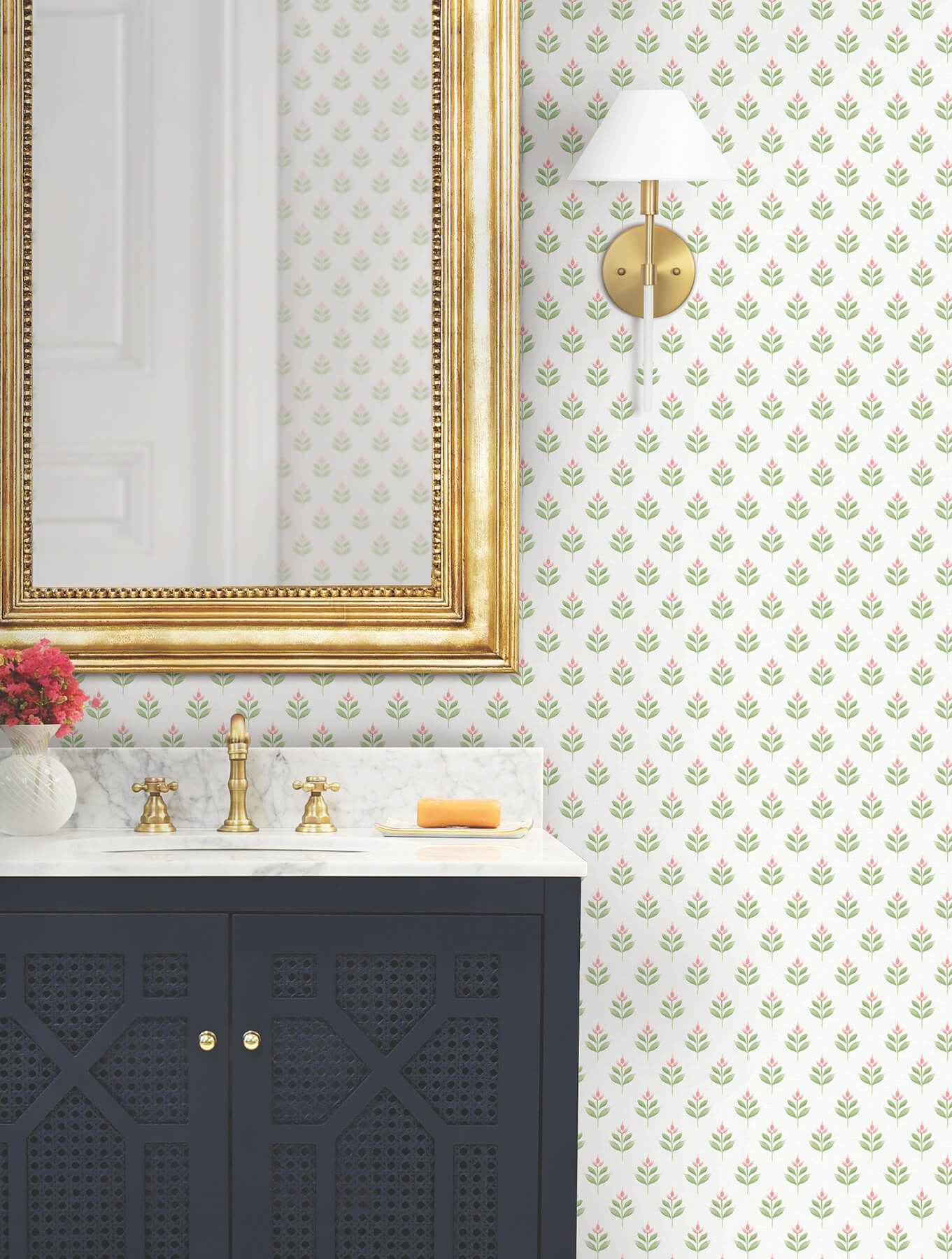 Serene Villa Pink Floral Stamp Wallpaper - York Wallcoverings - LL3236
