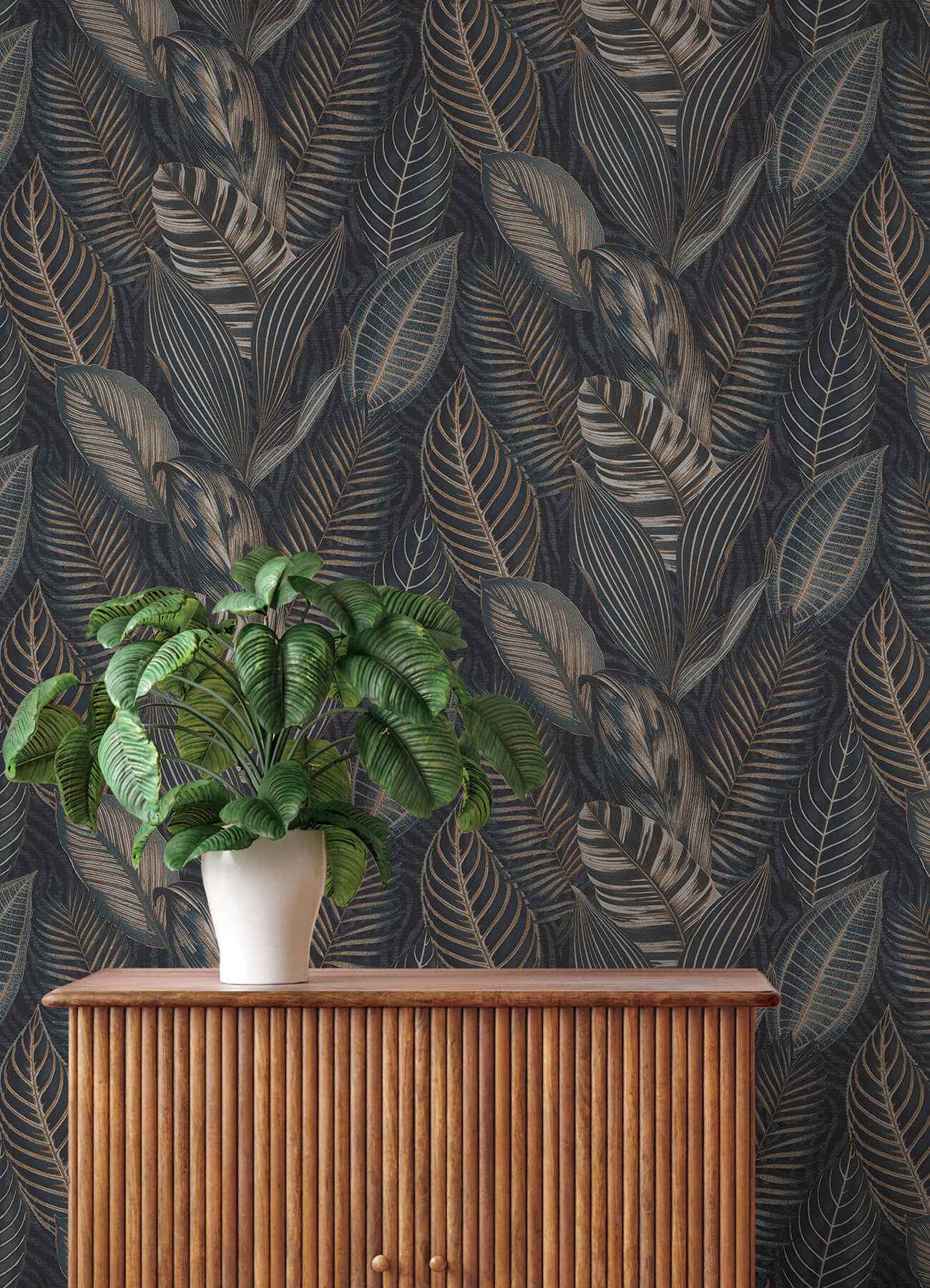 Acacius Dark Blue Tropical Foliage Wallpaper - York Wallcoverings - 4202-751840 - York Wallcoverings Wallpaper