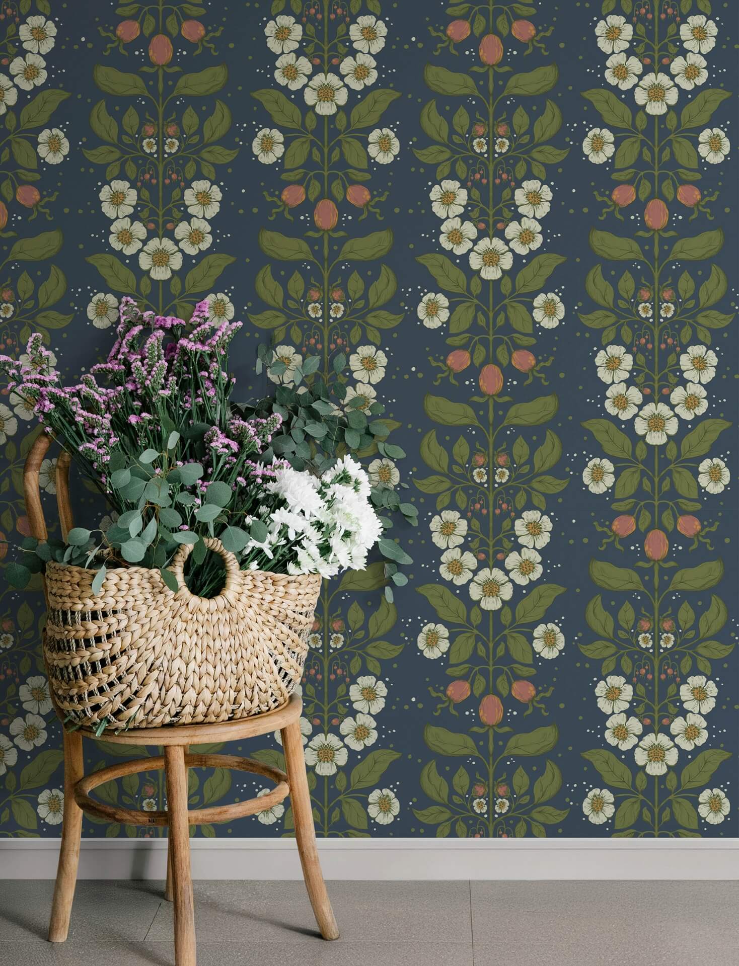 rosa-navy-floral-columns-wallpaper-york-wallcoverings-4201-48013 - York Wallcoverings Papel pintado