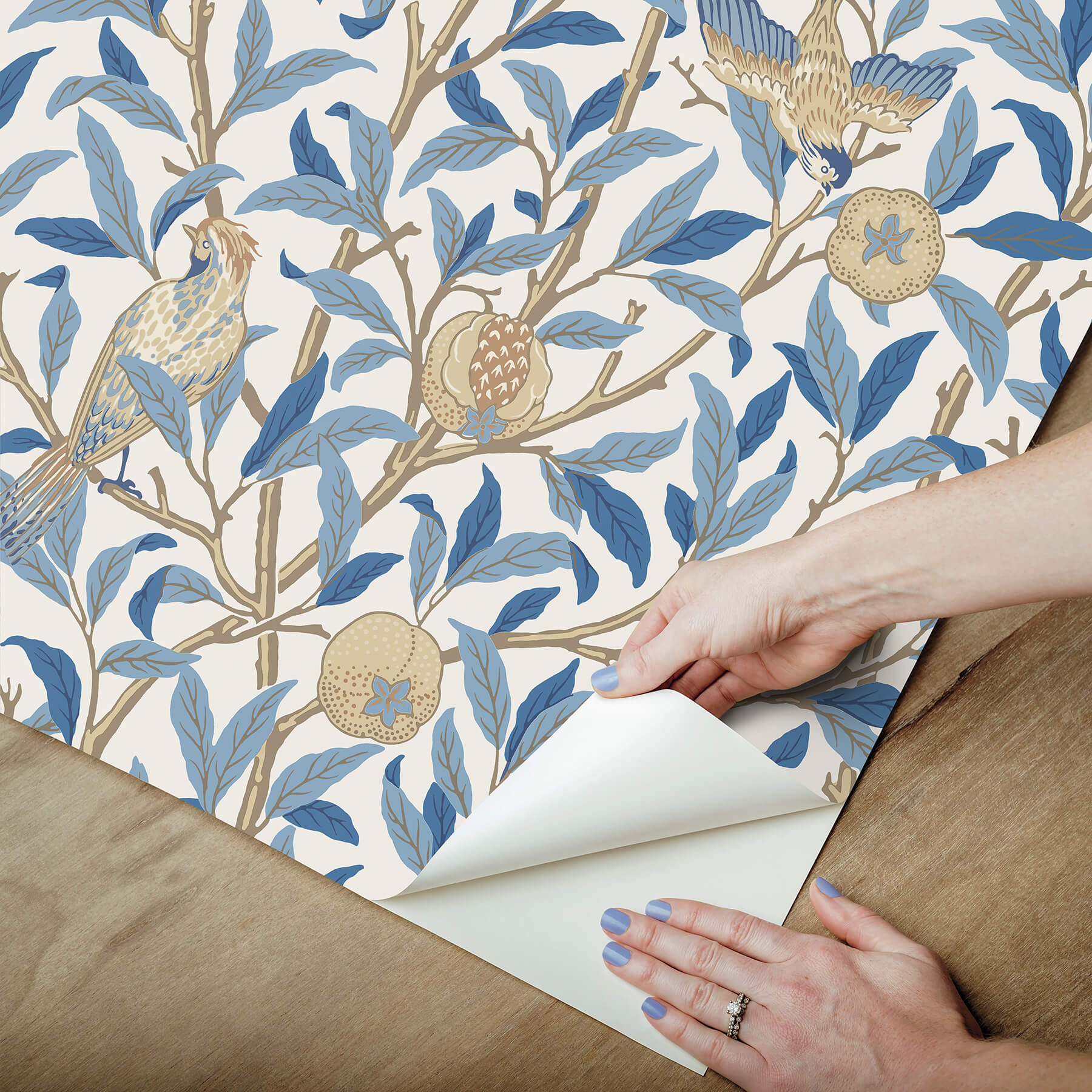bird-and-pomegranate-woad-peel-and-stick-wallpaper-york-wallcoverings-mcs6591 - York Wallcoverings Wallpaper