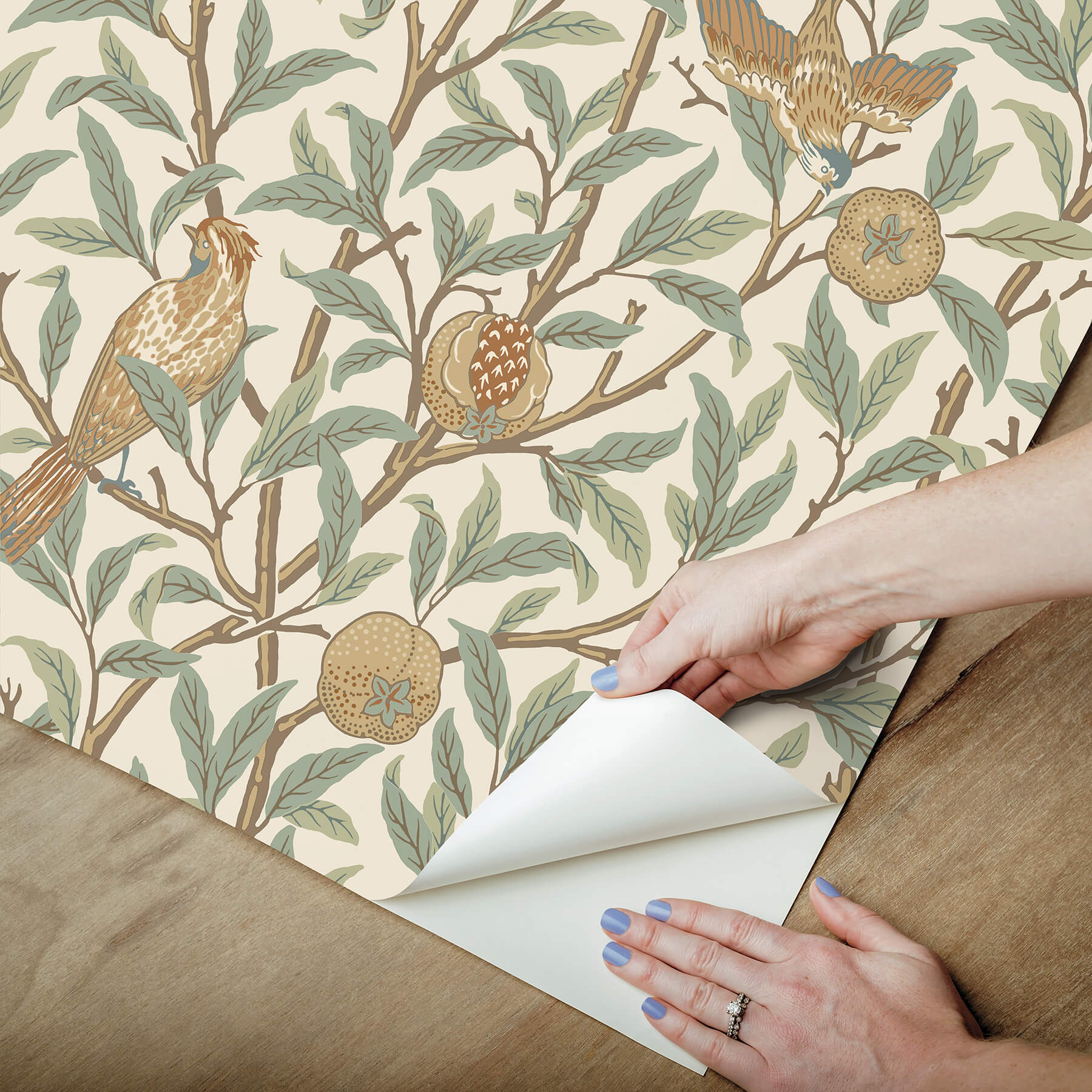 bird-and-pomegranate-linen-and-sage-peel-and-stick-wallpaper-york-wallcoverings-mcs6593 - York Wallcoverings Wallpaper