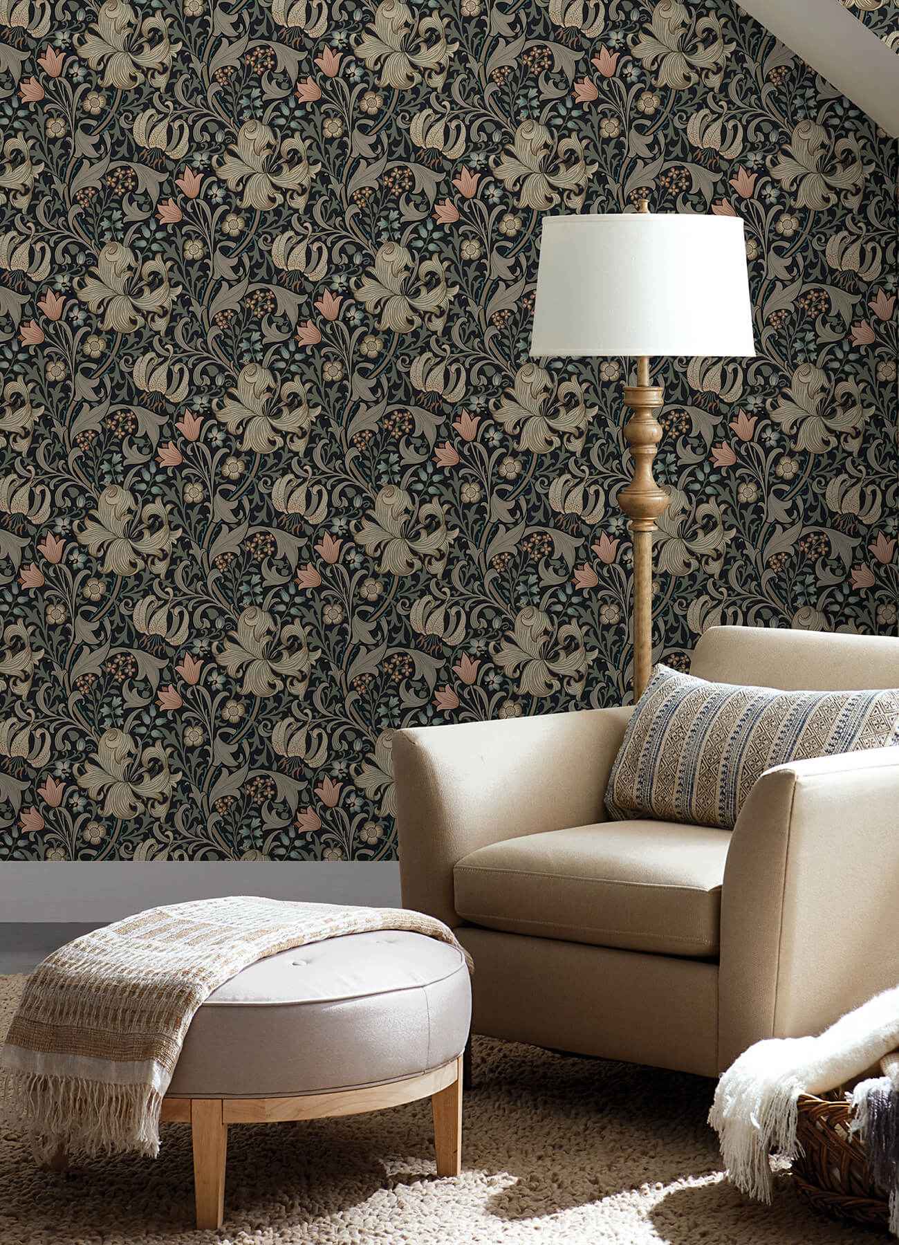 Golden Lily Charcoal and Coral Peel and - York Wallcoverings - MCS6603 - York Wallcoverings Wallpaper