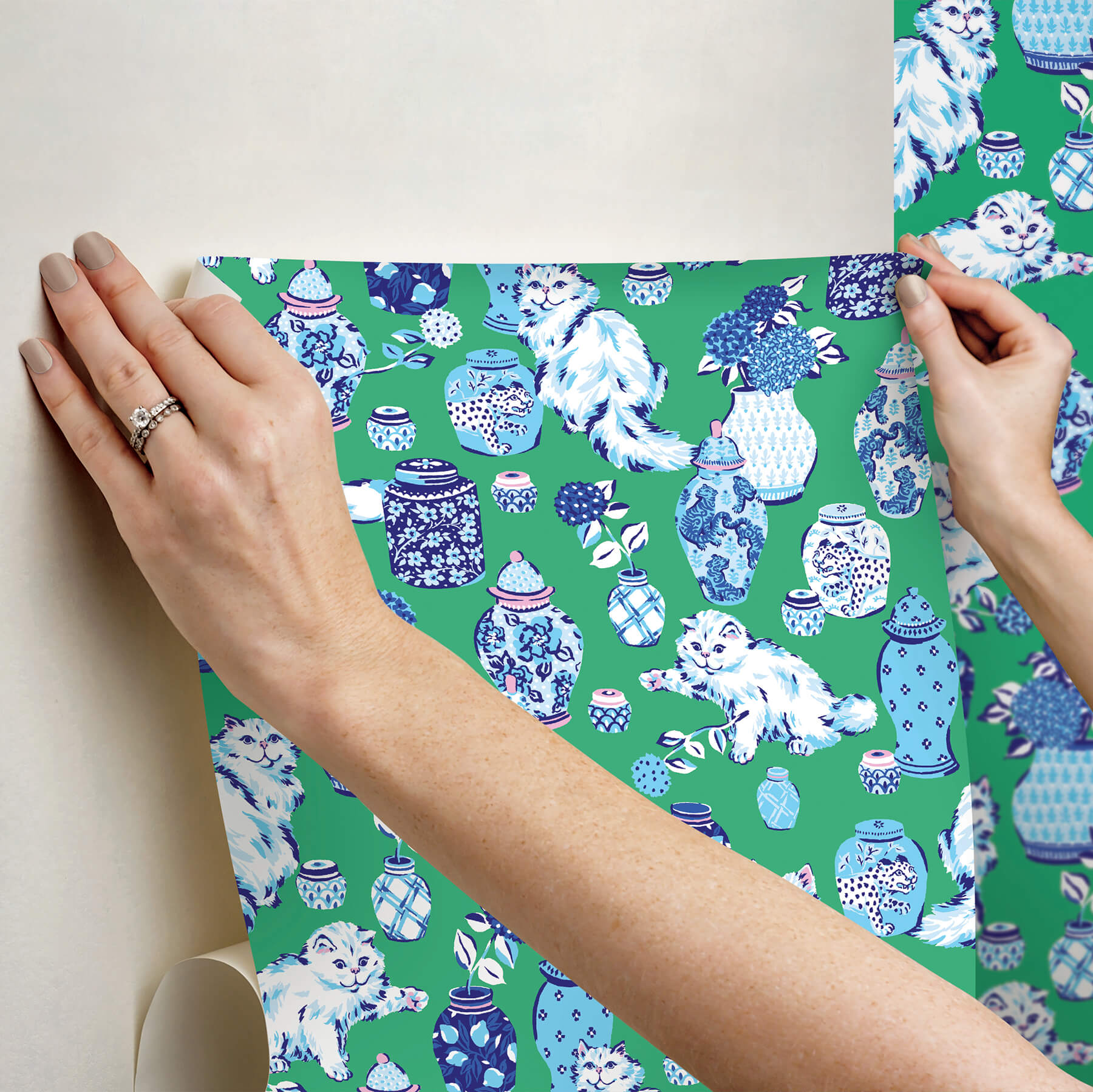 fancy-cats-green-peel-and-stick-wallpaper-york-wallcoverings-pfs6563 - York Wallcoverings Wallpaper