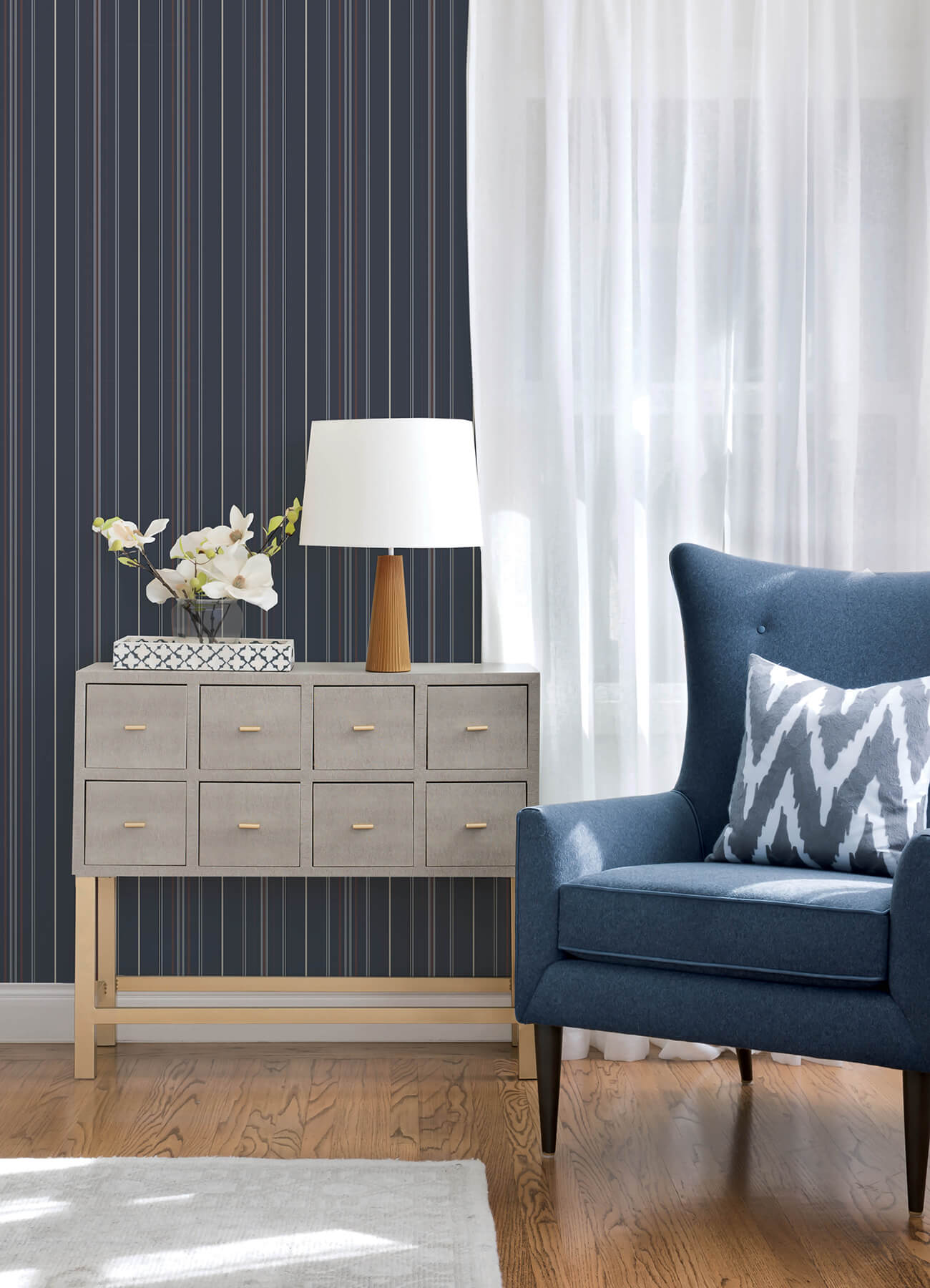 lascelle-navy-modern-pinstripe-wallpaper-york-wallcoverings-4192-83450 - York Wallcoverings Wallpaper