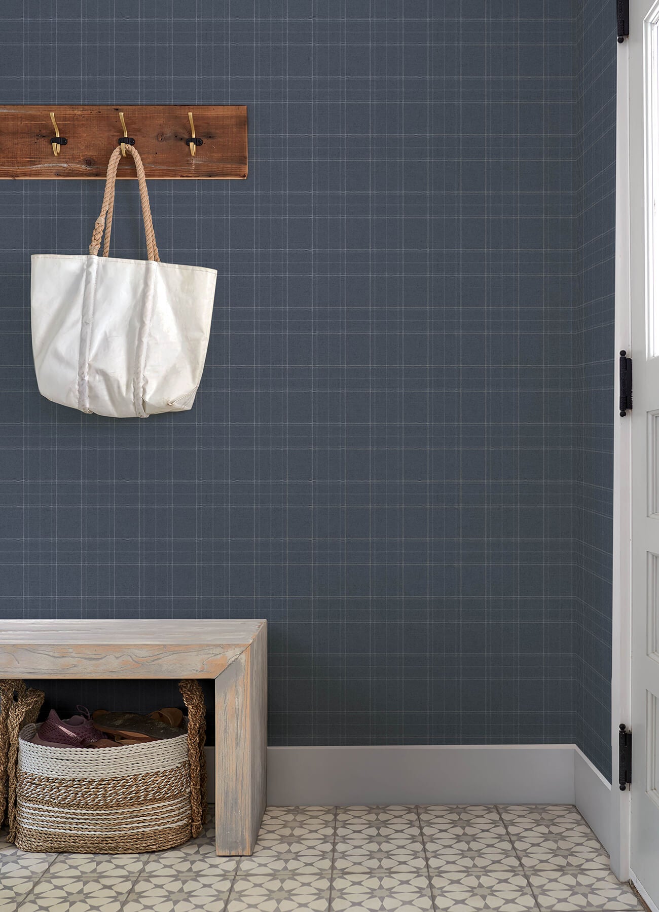 fox-hollow-dark-blue-dashed-plaid-wallpaper-york-wallcoverings-4192-83458 - York Wallcoverings Wallpaper