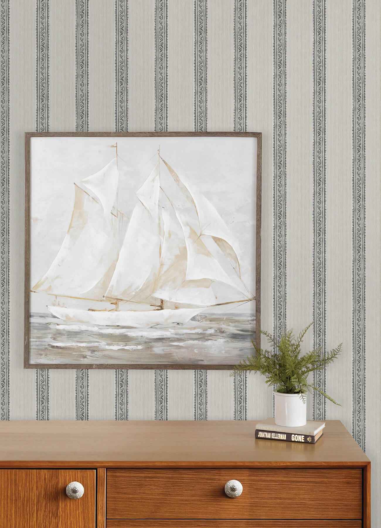 Mandevilla Black Vine Stripe Wallpaper - York Wallcoverings - 4192-27426 - York Wallcoverings Wallpaper