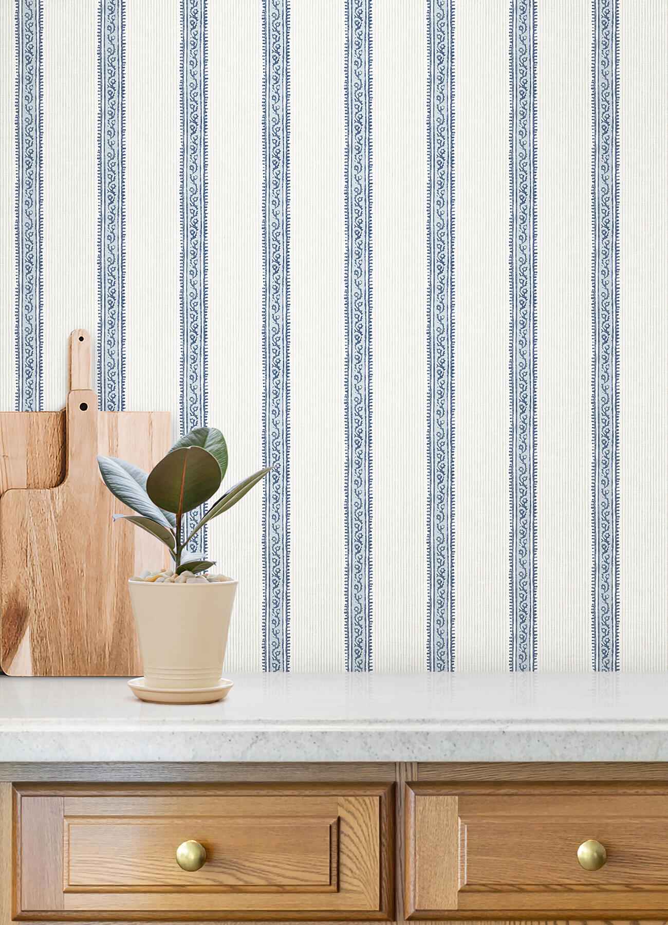 Mandevilla Blue Vine Stripe Wallpaper - York Wallcoverings - 4192-27428 - York Wallcoverings Wallpaper