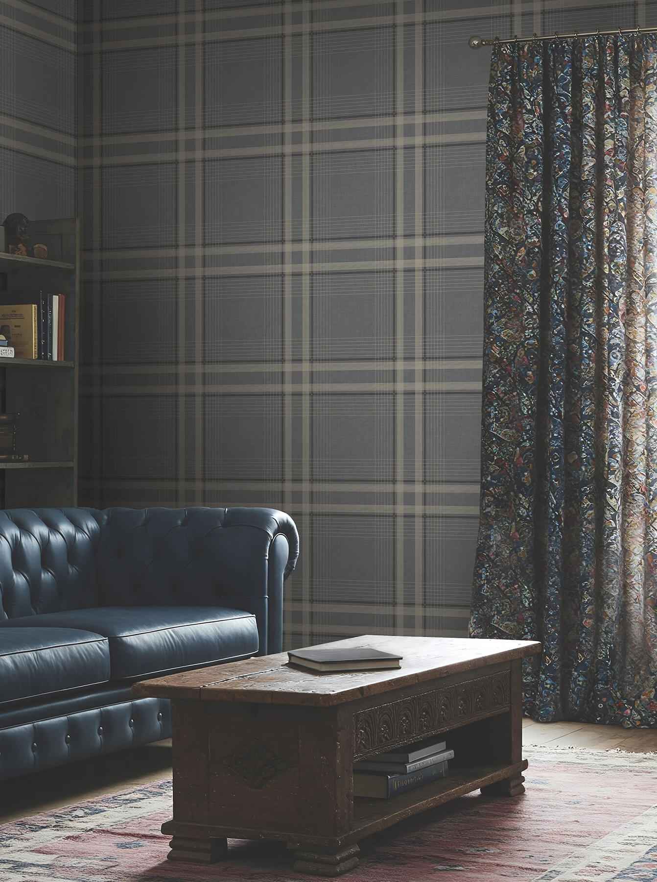 Country Club Plaid Charcoal Faux Linen Wallpaper - York Wallcoverings - 4211-83565 - York Wallcoverings Wallpaper