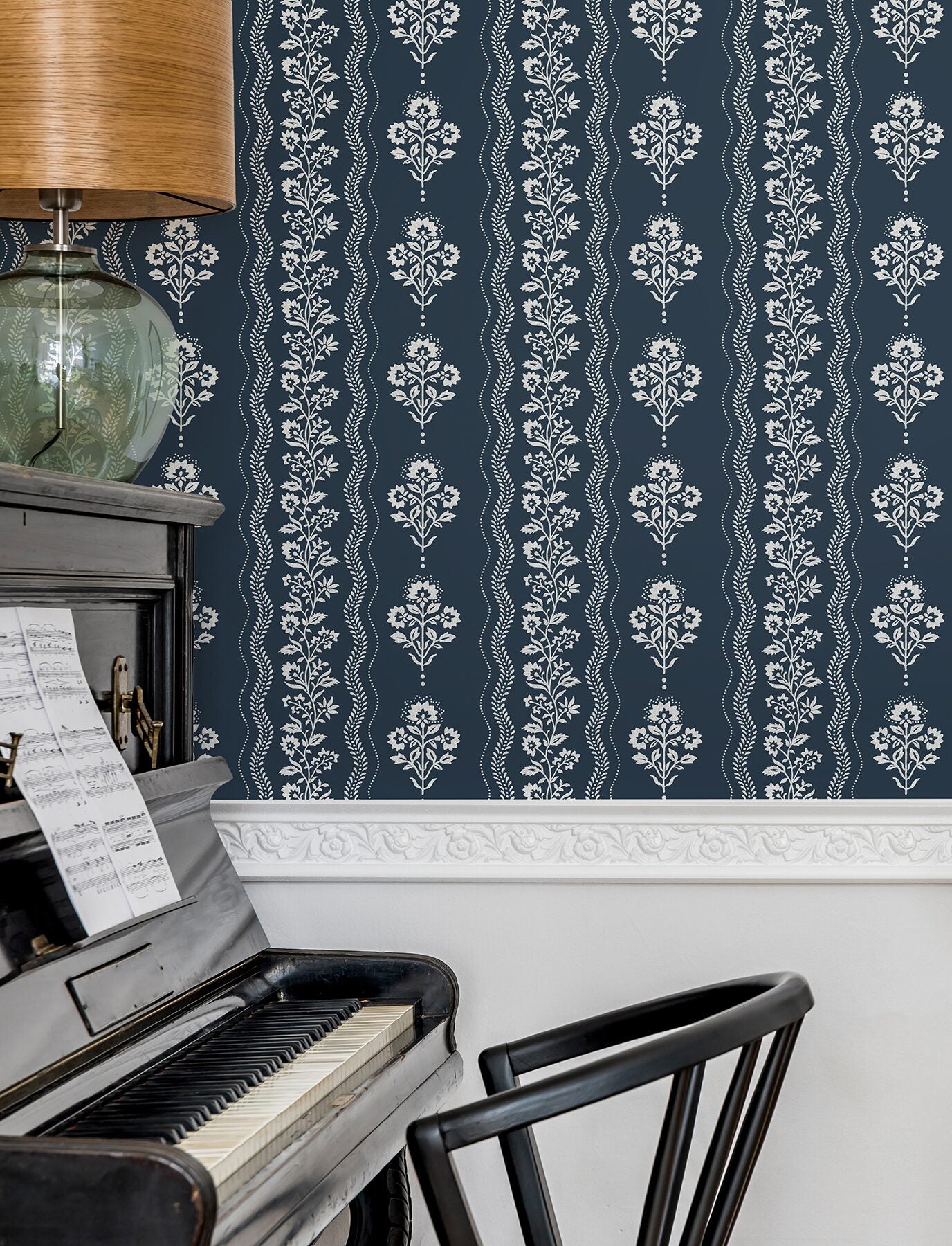 lenea-navy-floral-stripe-wallpaper-york-wallcoverings-4199-83721 - York Wallcoverings Wallpaper