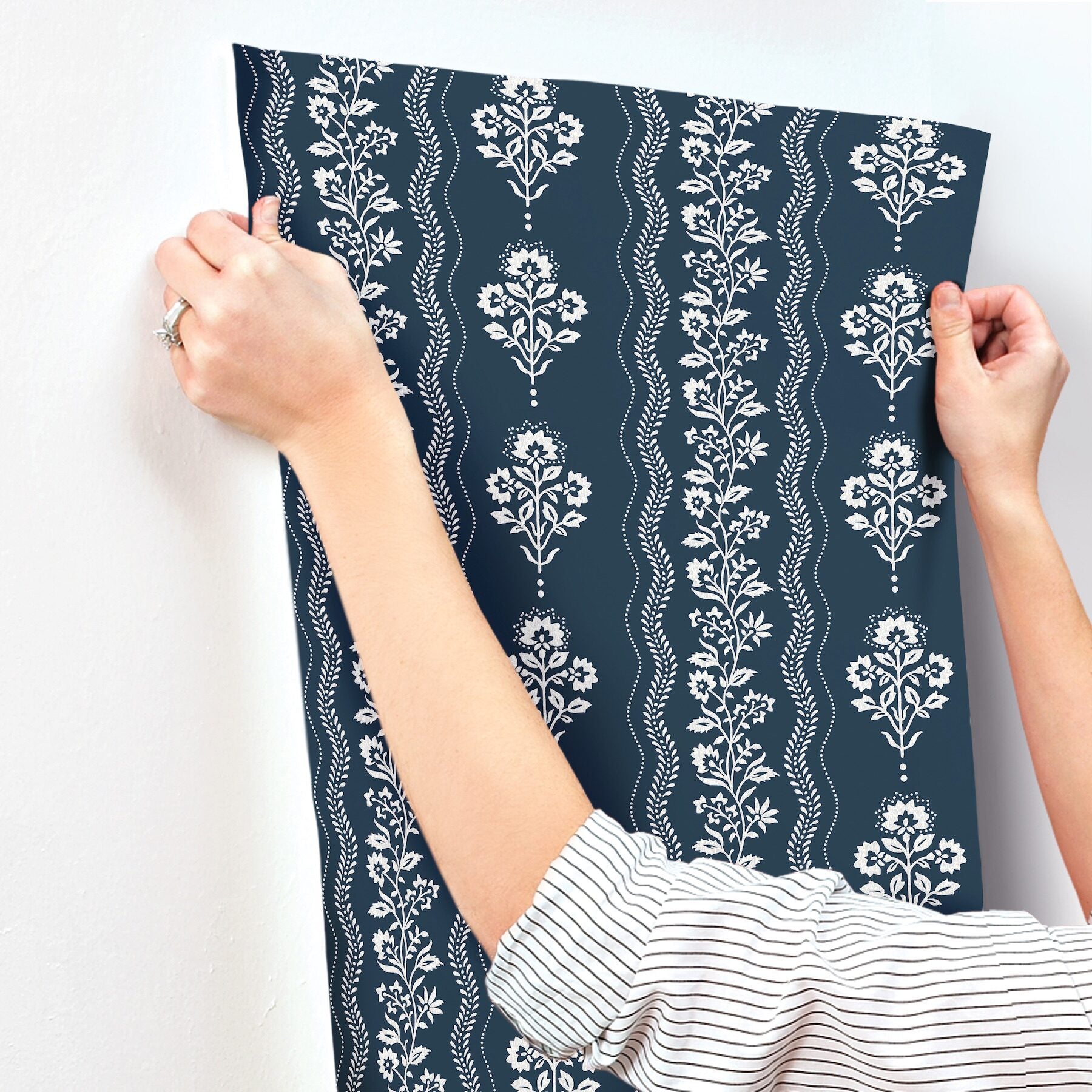 lenea-navy-floral-stripe-wallpaper-york-wallcoverings-4199-83721 - York Wallcoverings Wallpaper