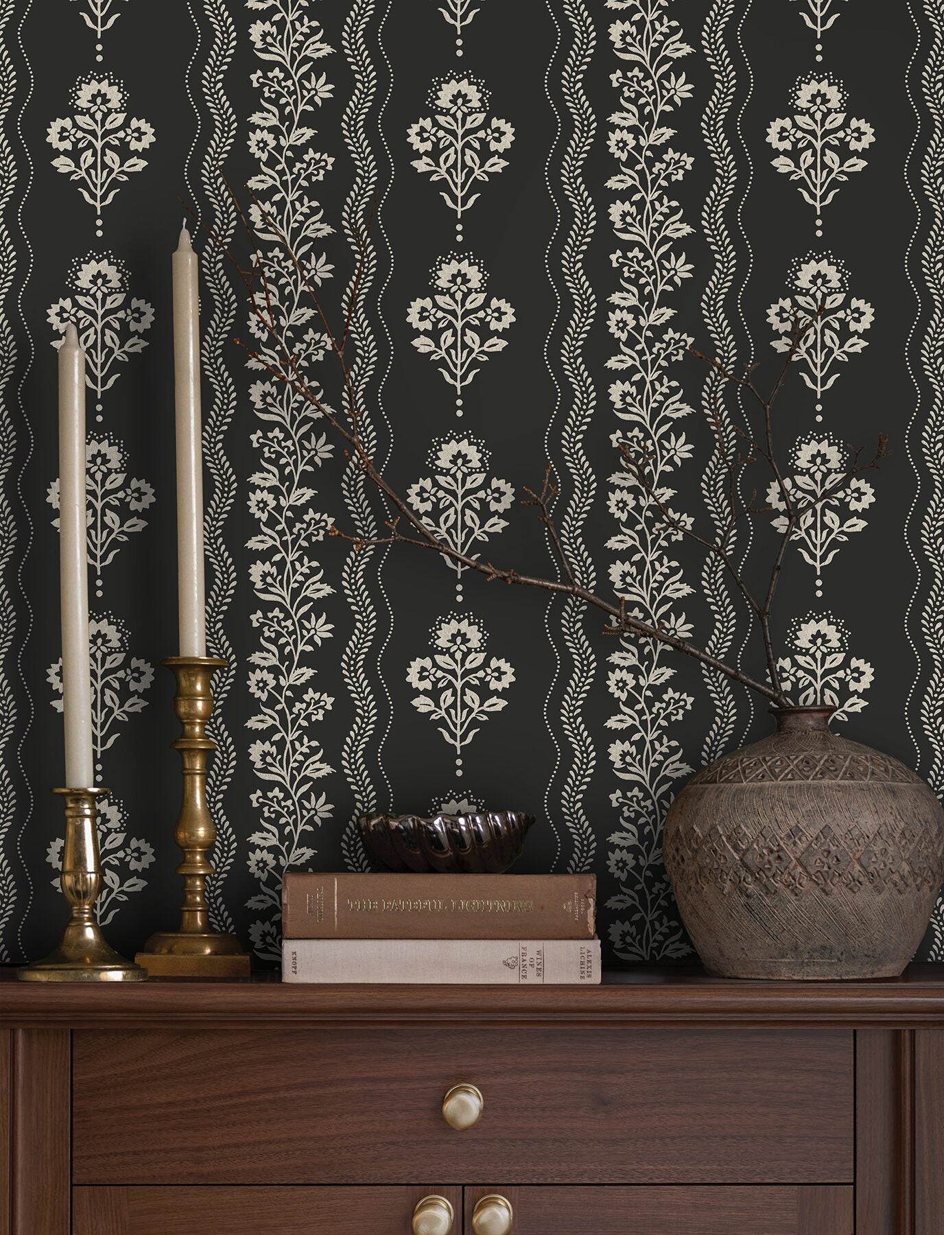 lenea-black-floral-stripe-wallpaper-york-wallcoverings-4199-83724 - York Wallcoverings Wallpaper