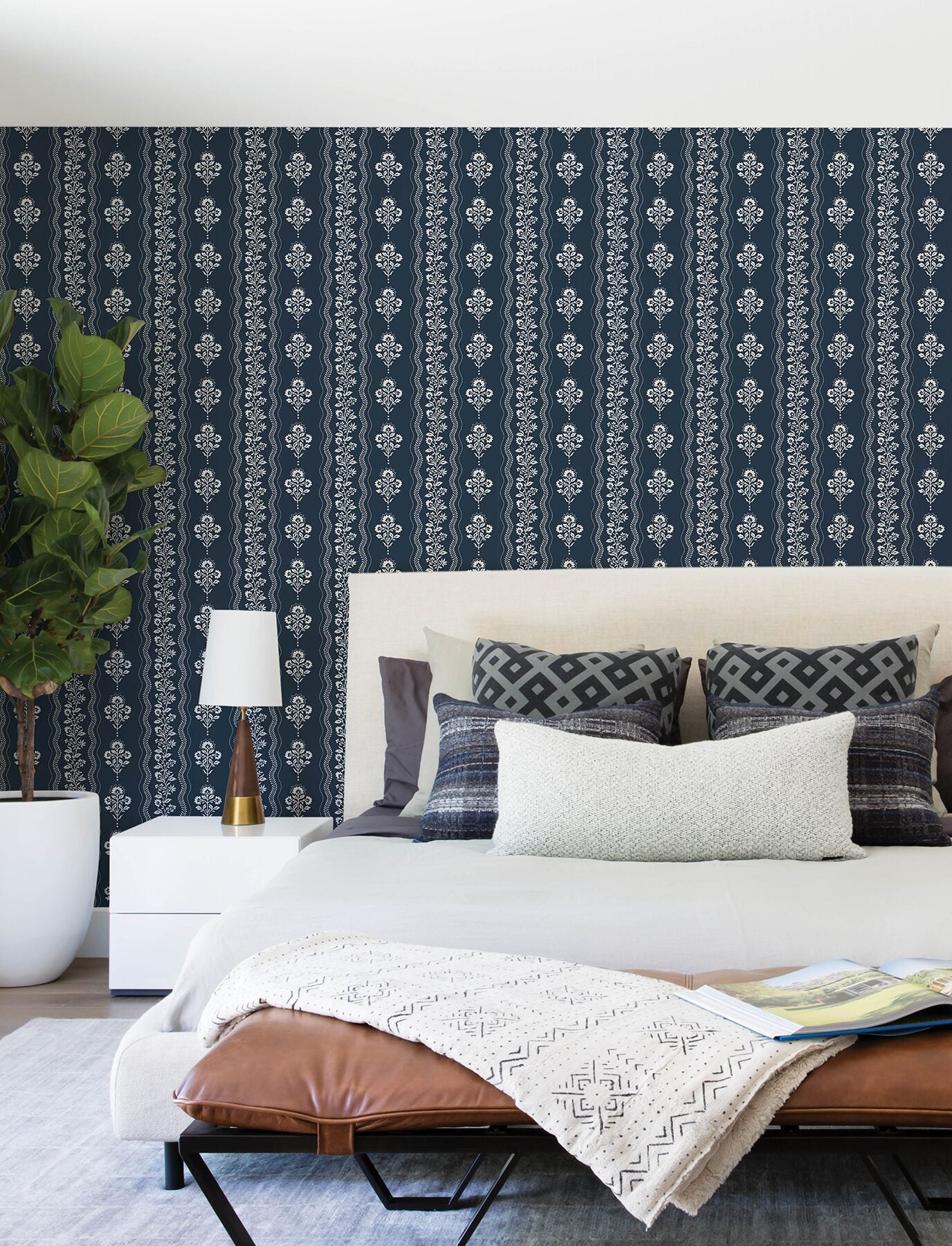 lenea-navy-floral-stripe-wallpaper-york-wallcoverings-4199-83721 - York Wallcoverings Wallpaper