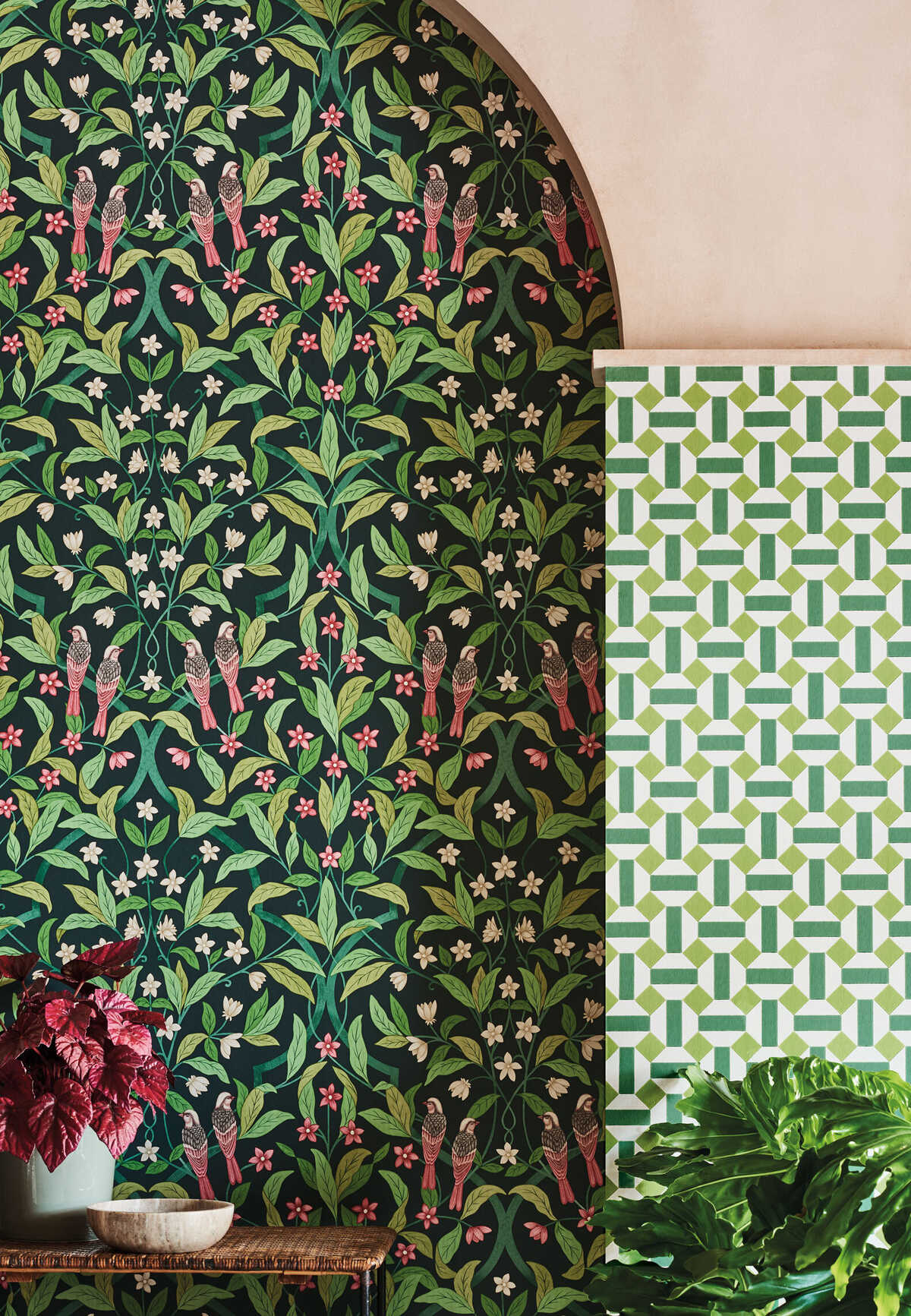 Jasmine & Serin Symphony - Rose/Grn/Viridian - COLE & SON Papel pintado