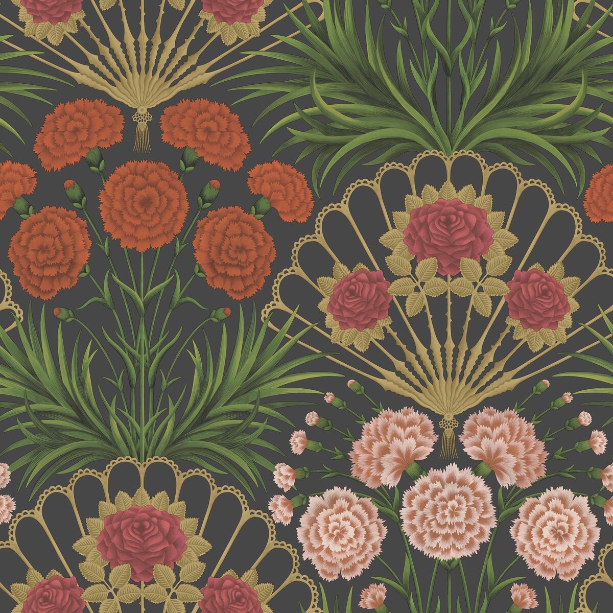 Flamenco Fan - Cerise/Dk Tangerine/Gold/Blk - Cole & Son Wallpaper