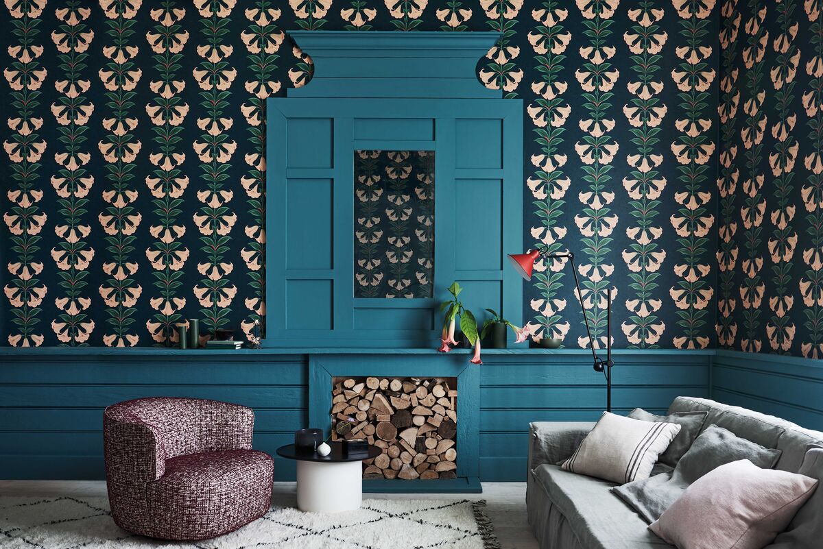 Angels Trumpet - Coral & Viridian On Ink - Cole & Son Wallpaper