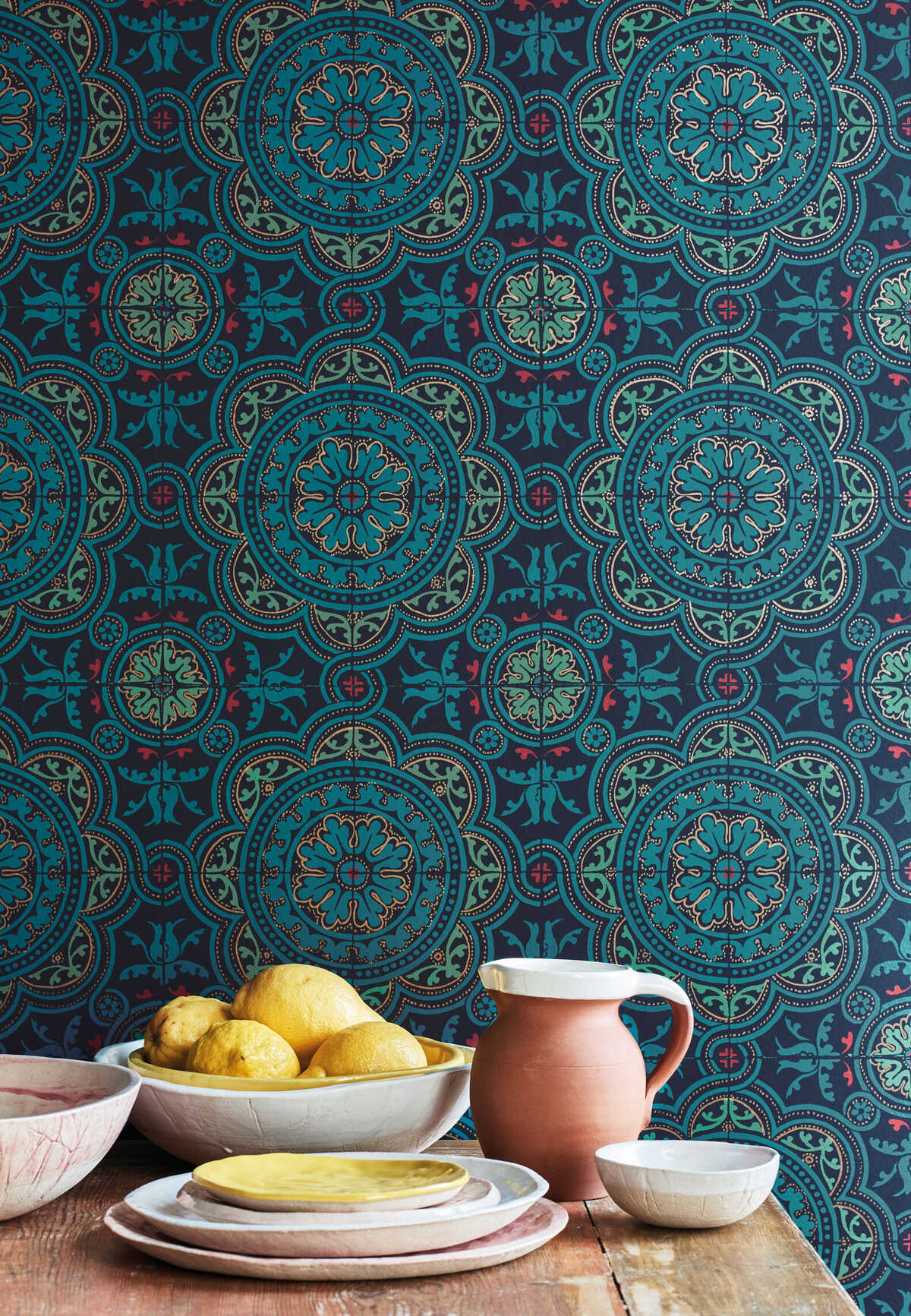 Piccadilly - Petrol/Red/Metallic Gold On Ink - COLE & SON Wallpaper