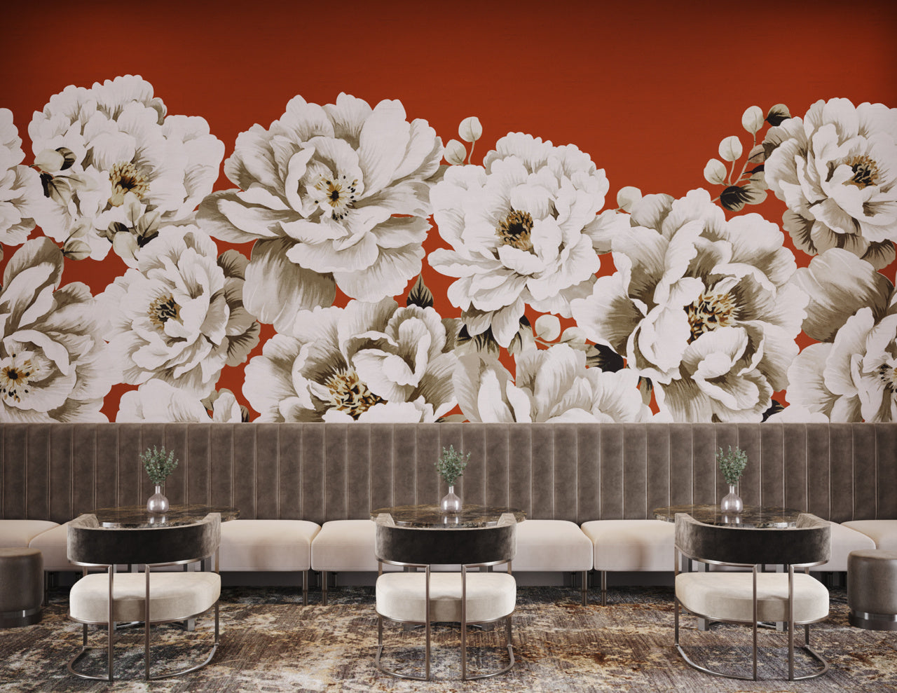 PERFECT-PEONIES-RUST-ON-STAR-DUST-SILK-PHILLIP-JEFFRIES-10172 - Phillip Jeffries Wallpaper Wallcovering