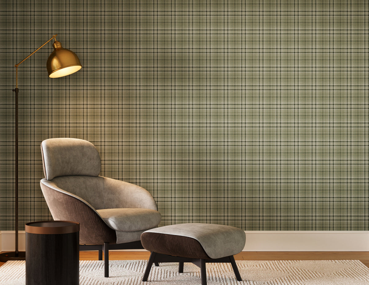 Caldwell Plaid Moss Shadow on Woven Walls - Phillip Jeffries 43206 - Phillip Jeffries Wallpaper Wallpaper