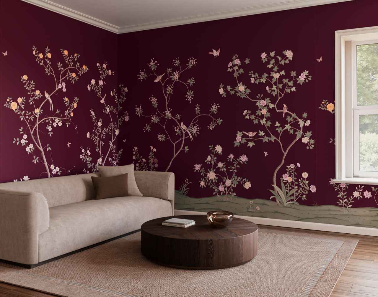 Promenade Burgundy Bloom - Phillip Jeffries 34208 - Phillip Jeffries Wallpaper Wallcovering