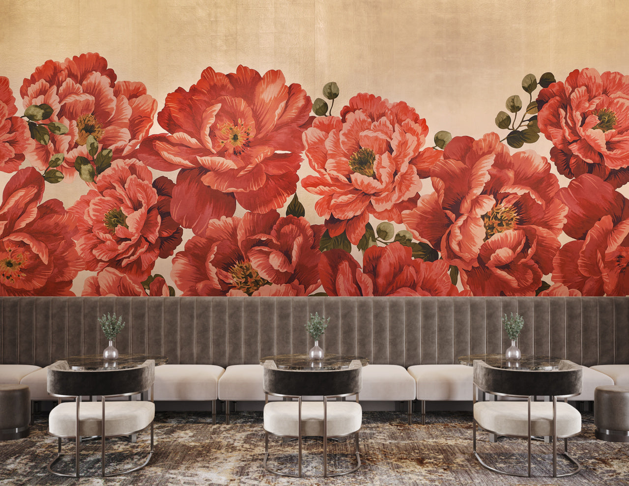 PERFECT-PEONIES-RED-CHARM-ON-GILDED-METALLIC-LEAF-PHILLIP-JEFFRIES-10173 - Phillip Jeffries Wallpaper Wallcovering