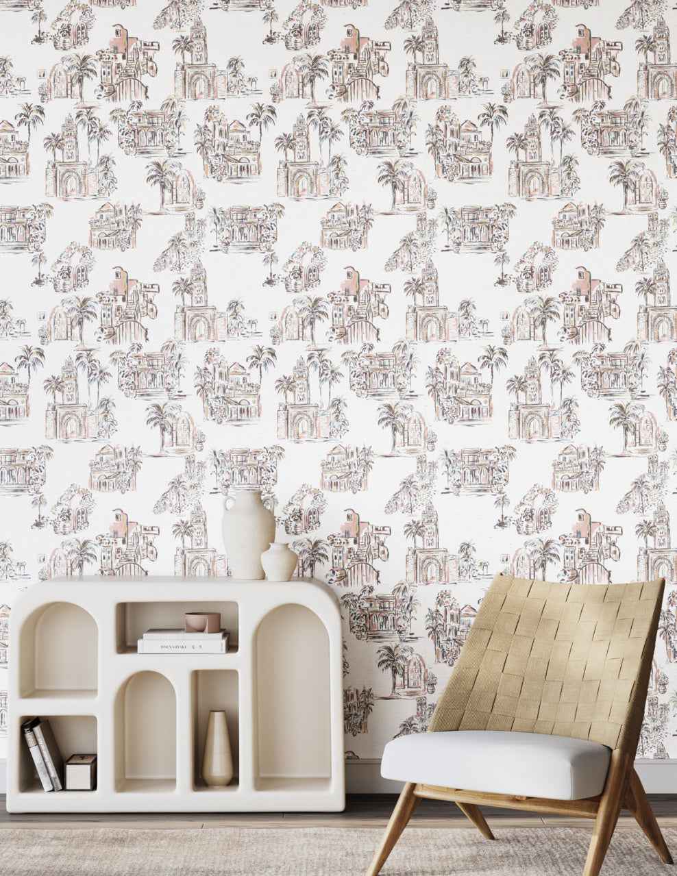 Toulouse Toile Blush Bazaar on Manila Hemp - Phillip Jeffries 28904 - Phillip Jeffries Wallpaper Wallpaper