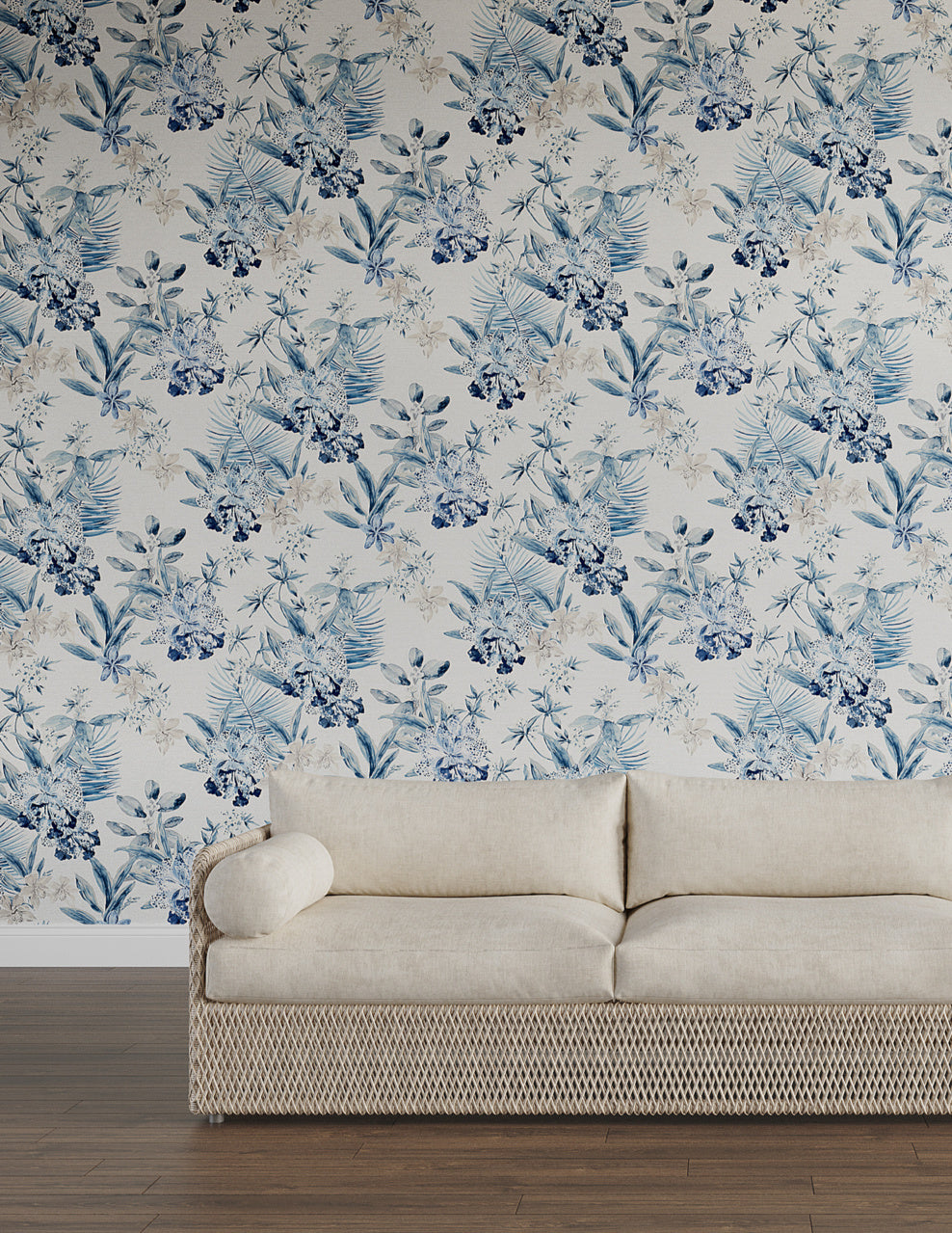 ALOHA-ORCHIDS-MALIBU-BLUE-ON-WOVEN-WALLS-PHILLIP-JEFFRIES-10555 - Phillip Jeffries Wallpaper Wallcovering