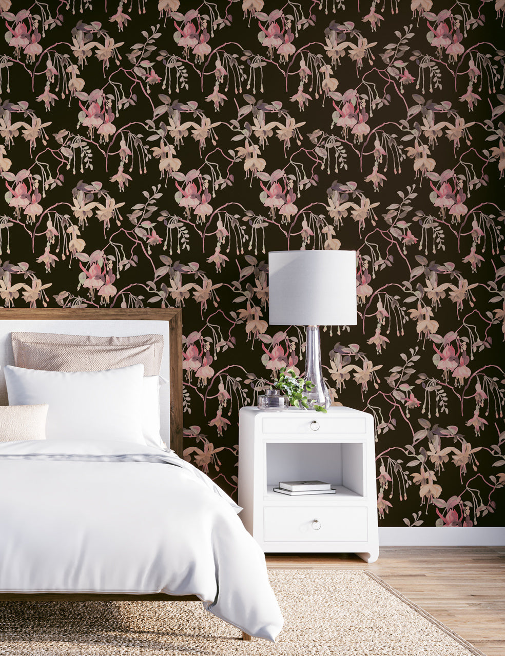 BLUSHING-BLOOMS-BLACK-BOUQUET-ON-VINYL-CANVAS-PHILLIP-JEFFRIES-9832 - Phillip Jeffries Wallpaper Wallcovering