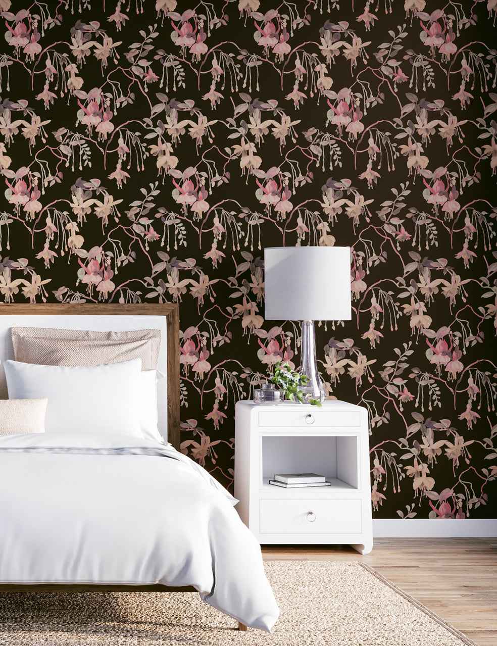 Blushing Blooms Black Bouquet on Vinyl Canvas - Phillip Jeffries 9832 - Phillip Jeffries Wallpaper Wallpaper