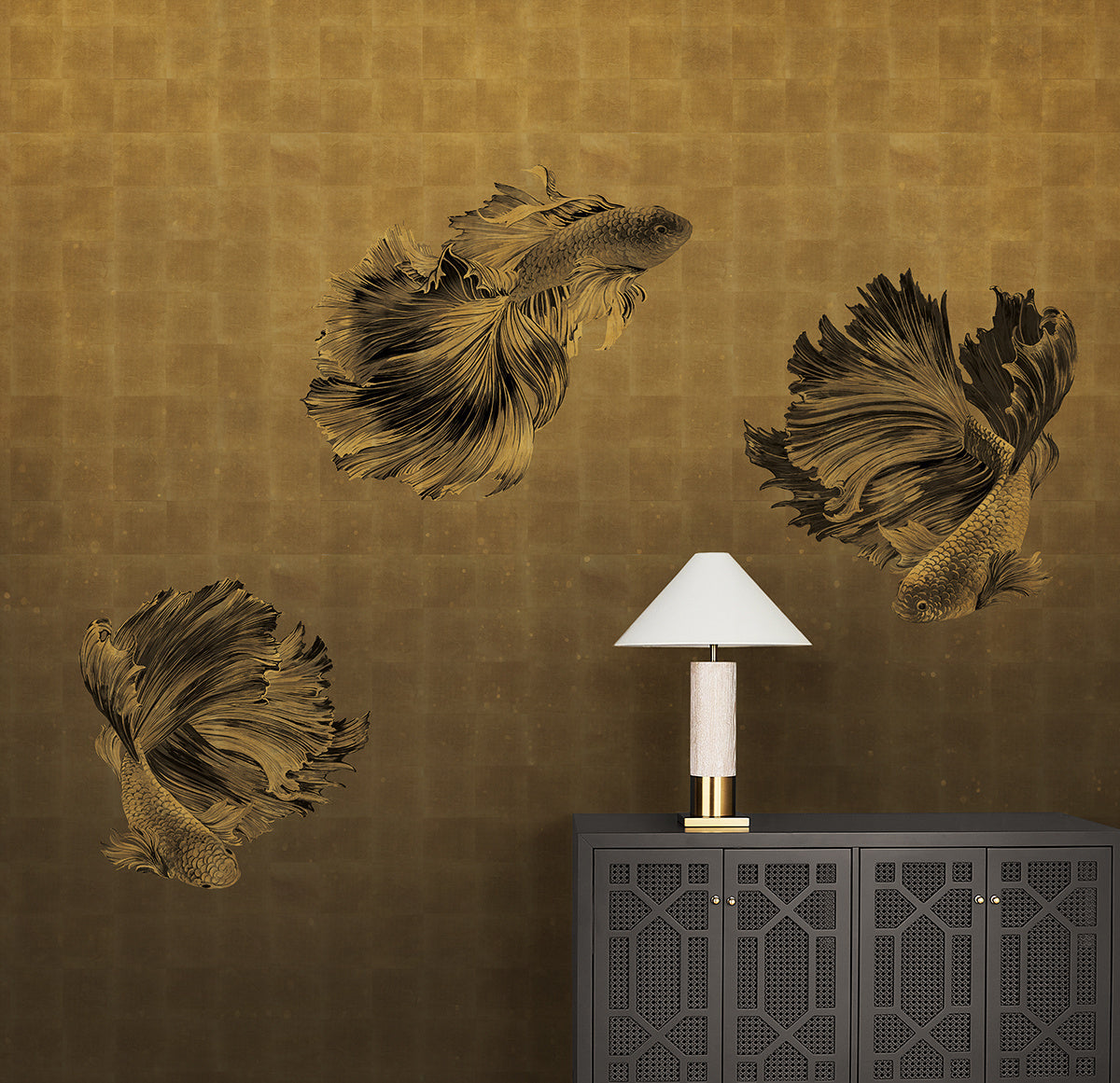 AFLOAT-NERO-BLACK-ON-GILDED-METALLIC-LEAF-PHILLIP-JEFFRIES-27705 - Phillip Jeffries Wallpaper Wallcovering