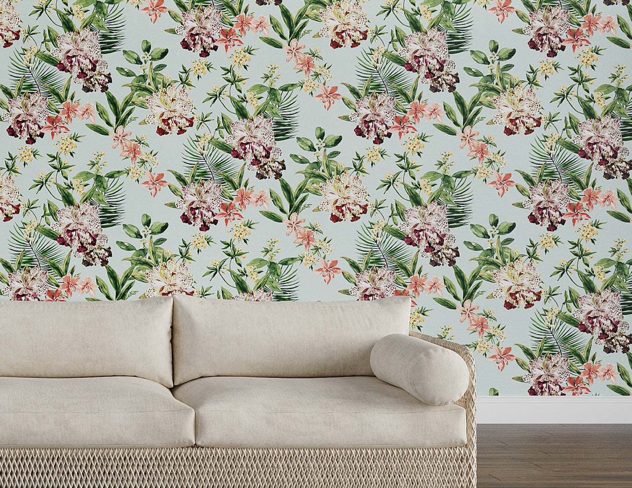 ALOHA-ORCHIDS-OCEAN-COOLER-ON-WOVEN-WALLS-PHILLIP-JEFFRIES-10558 - Phillip Jeffries Wallpaper Wallcovering