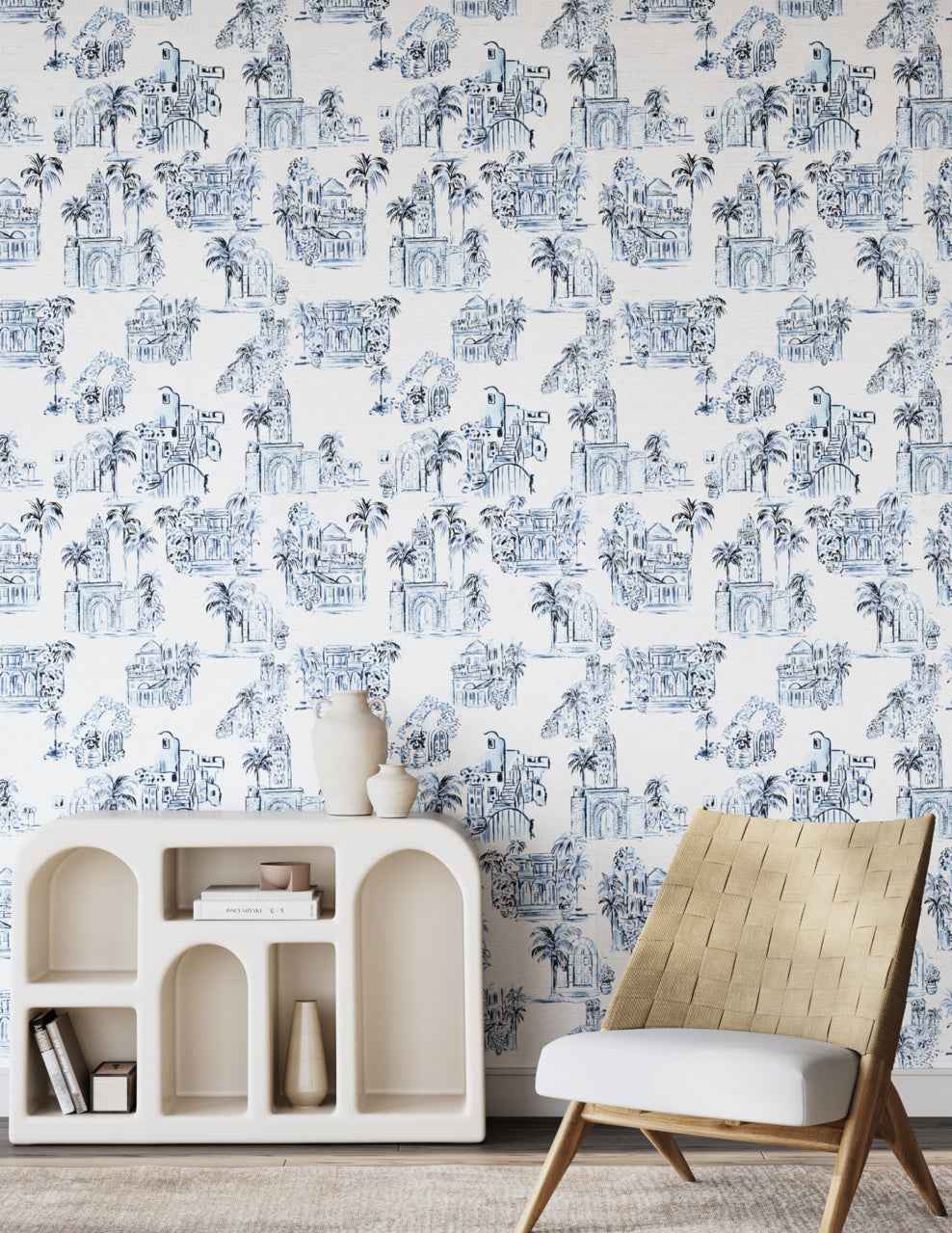 Toulouse Toile Blue City on Glam Grass - Phillip Jeffries 28905 - Phillip Jeffries Wallpaper Wallpaper