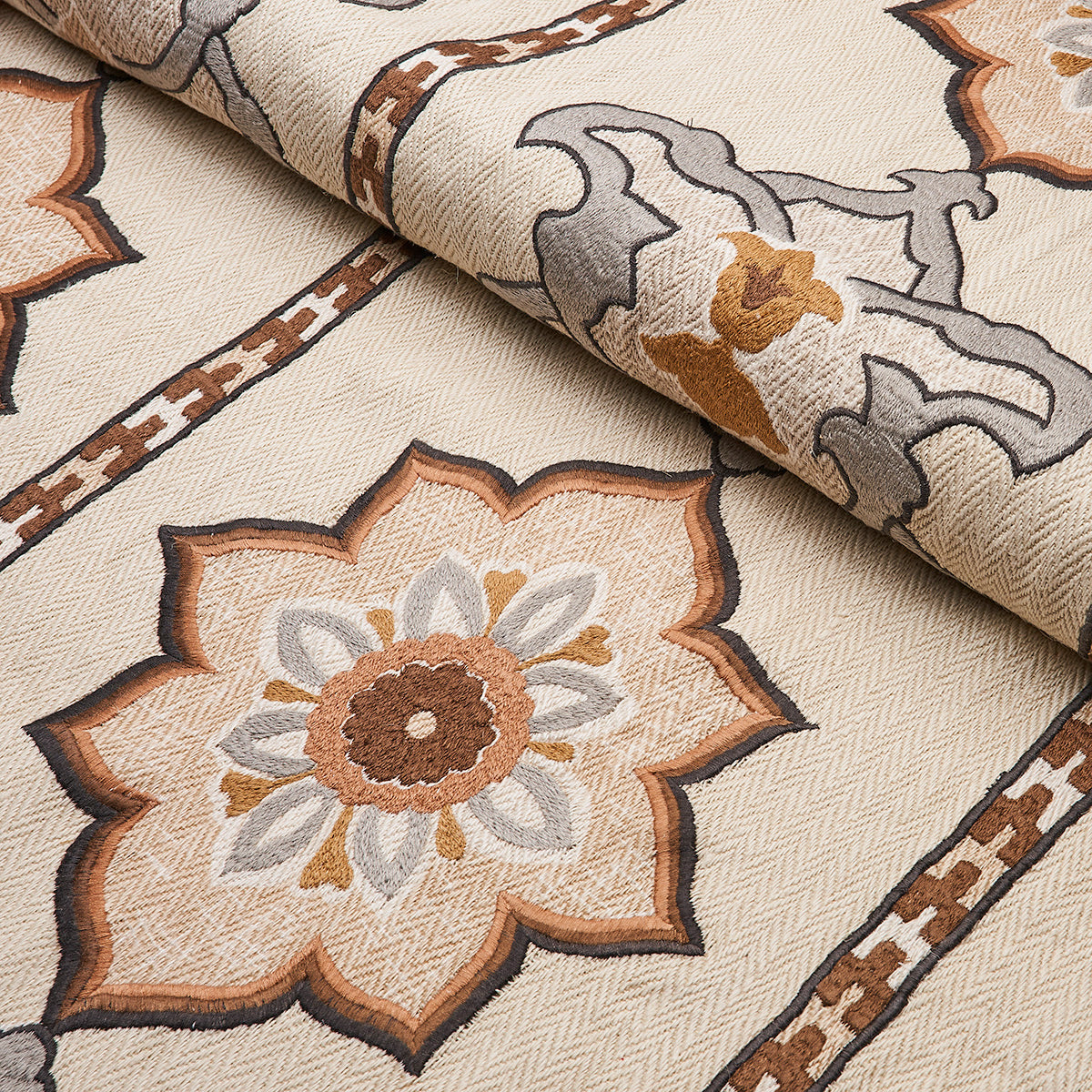 TEMARA-HAND-EMBROIDERED-PRINT-NATURAL-SCHUMACHER-175182 - Schumacher Fabric