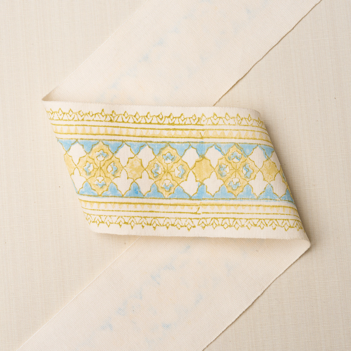 AMIRA-HAND-BLOCK-PRINTED-TAPE-YELLOW-AQUA-SCHUMACHER-181370 - Schumacher Trim