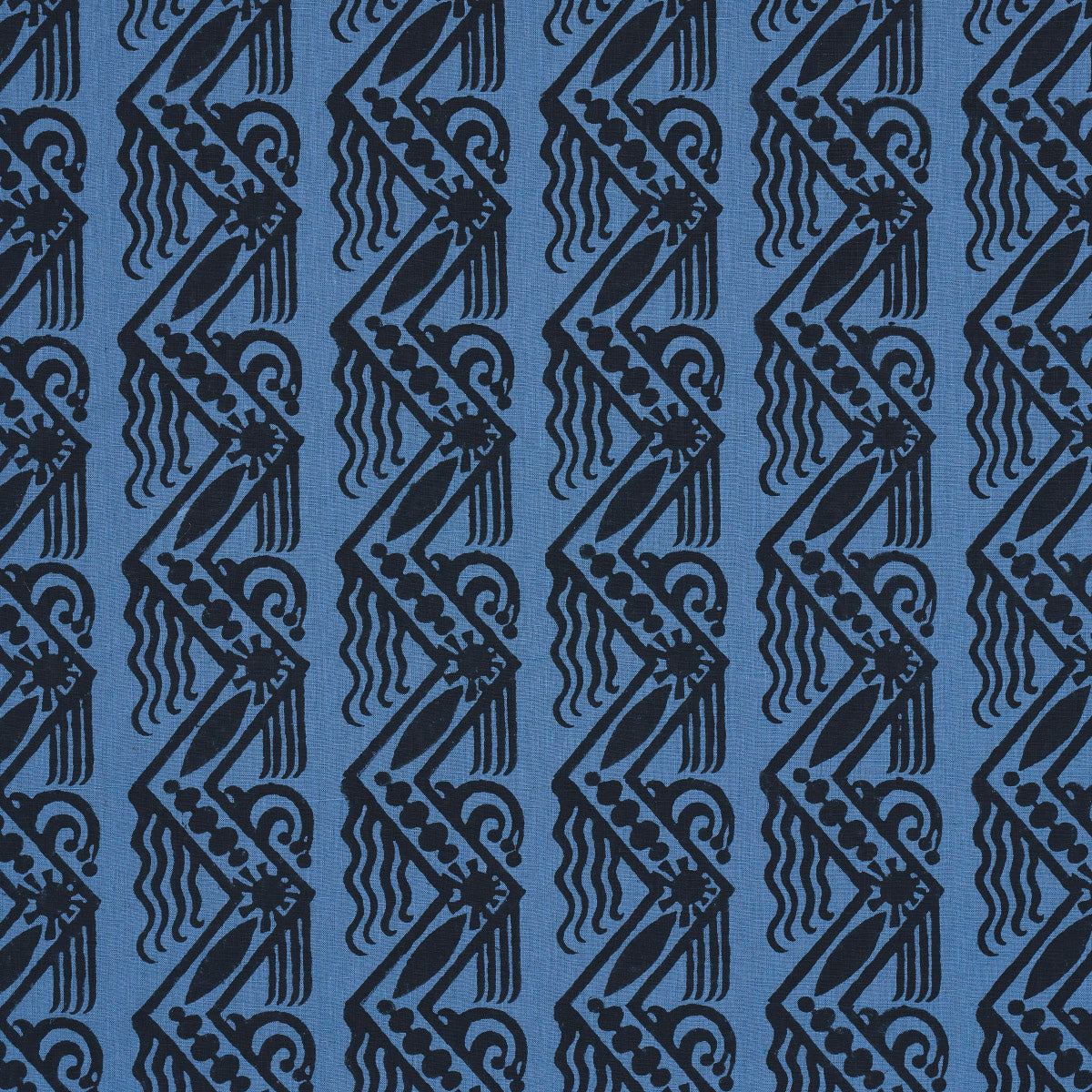 VENETIAN-ZIG-ZAG-BLOCK-PRINT-BLACK-ON-BLUE-SCHUMACHER-181561 - Schumacher Fabric