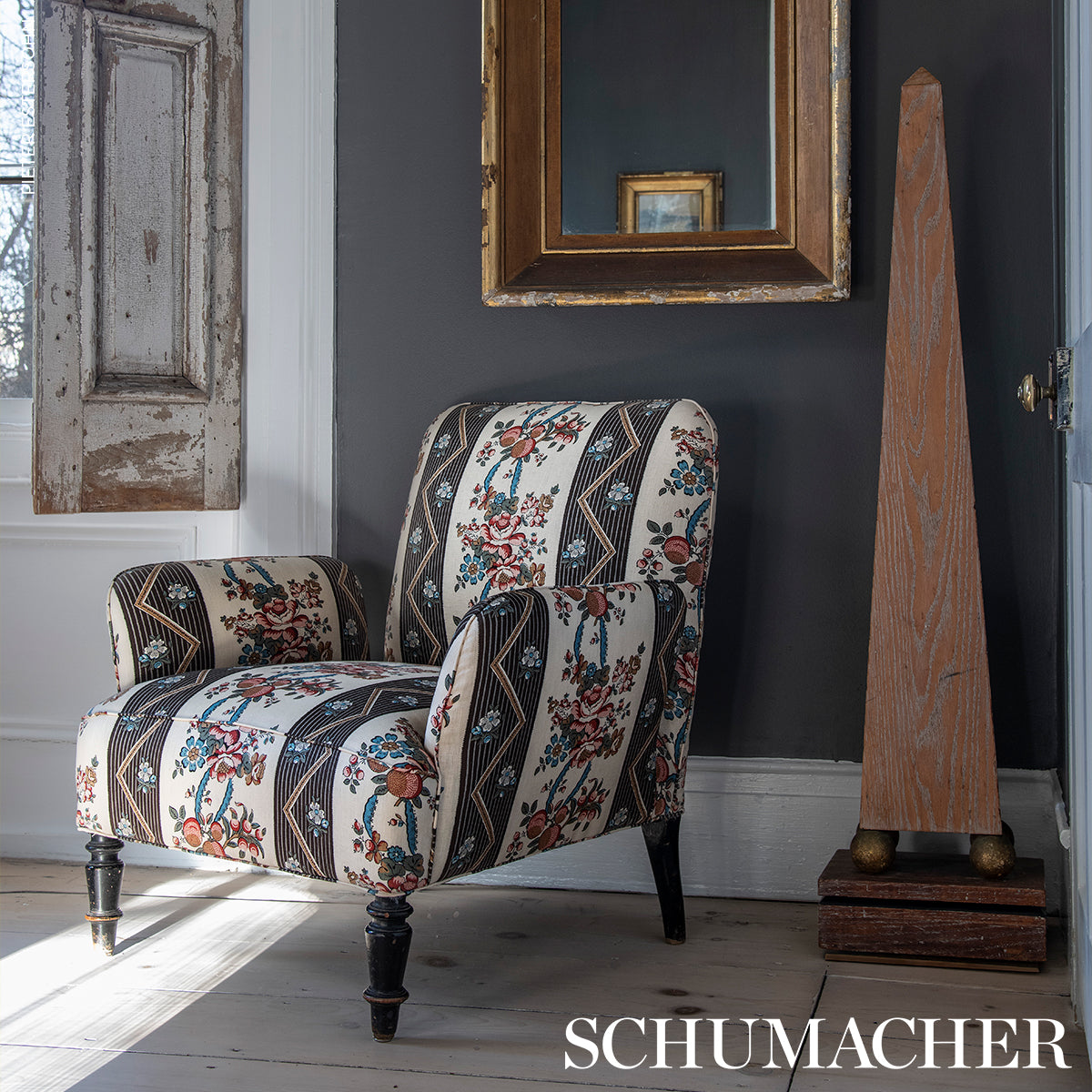 SYLVAIN-FLORAL-STRIPE-NOIR-SCHUMACHER-181742 - Schumacher Tela