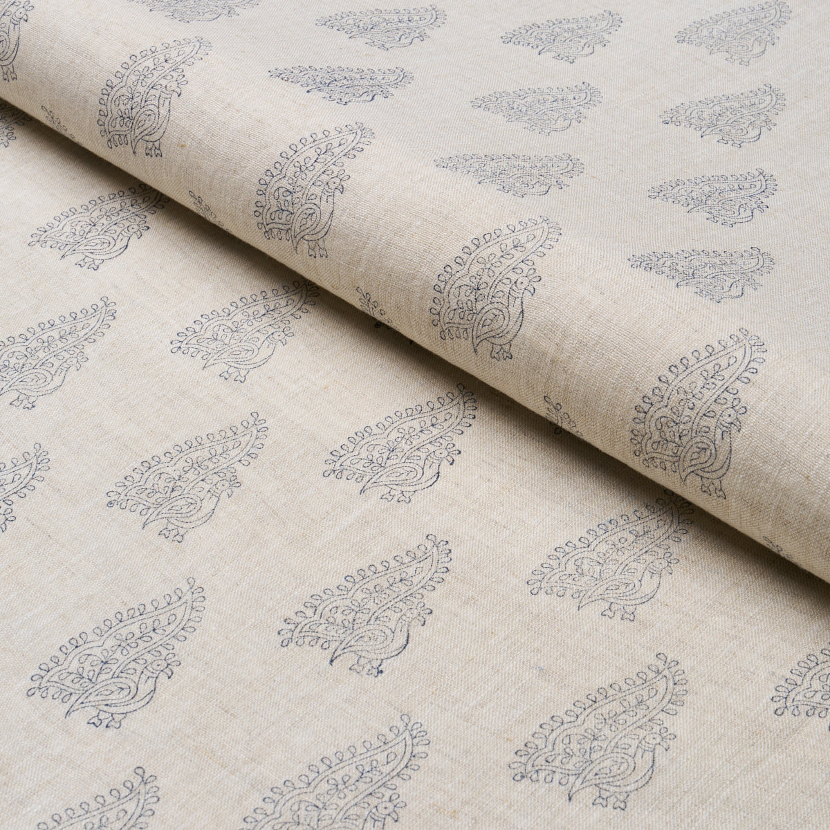 PEACOCK-LINEN-HAND-BLOCKED-PRINT-NAVY-FLAX-SCHUMACHER-181830 - Schumacher Fabric