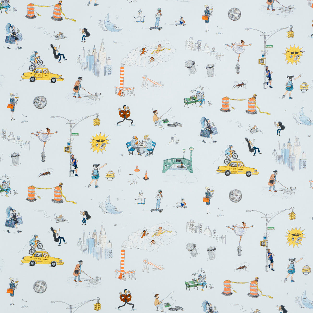JOANA-AVILLEZS-STREET-SCENES-MULTICOLOR-ON-SKY-BLUE-SCHUMACHER-182330 - Schumacher Fabric