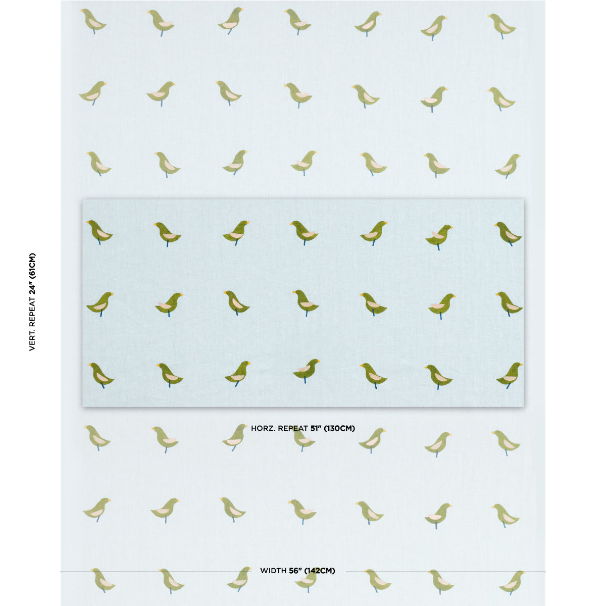 BIRDS-HAND-BLOCK-PRINT-GREEN-ON-SKY-SCHUMACHER-182381 - Schumacher Fabric