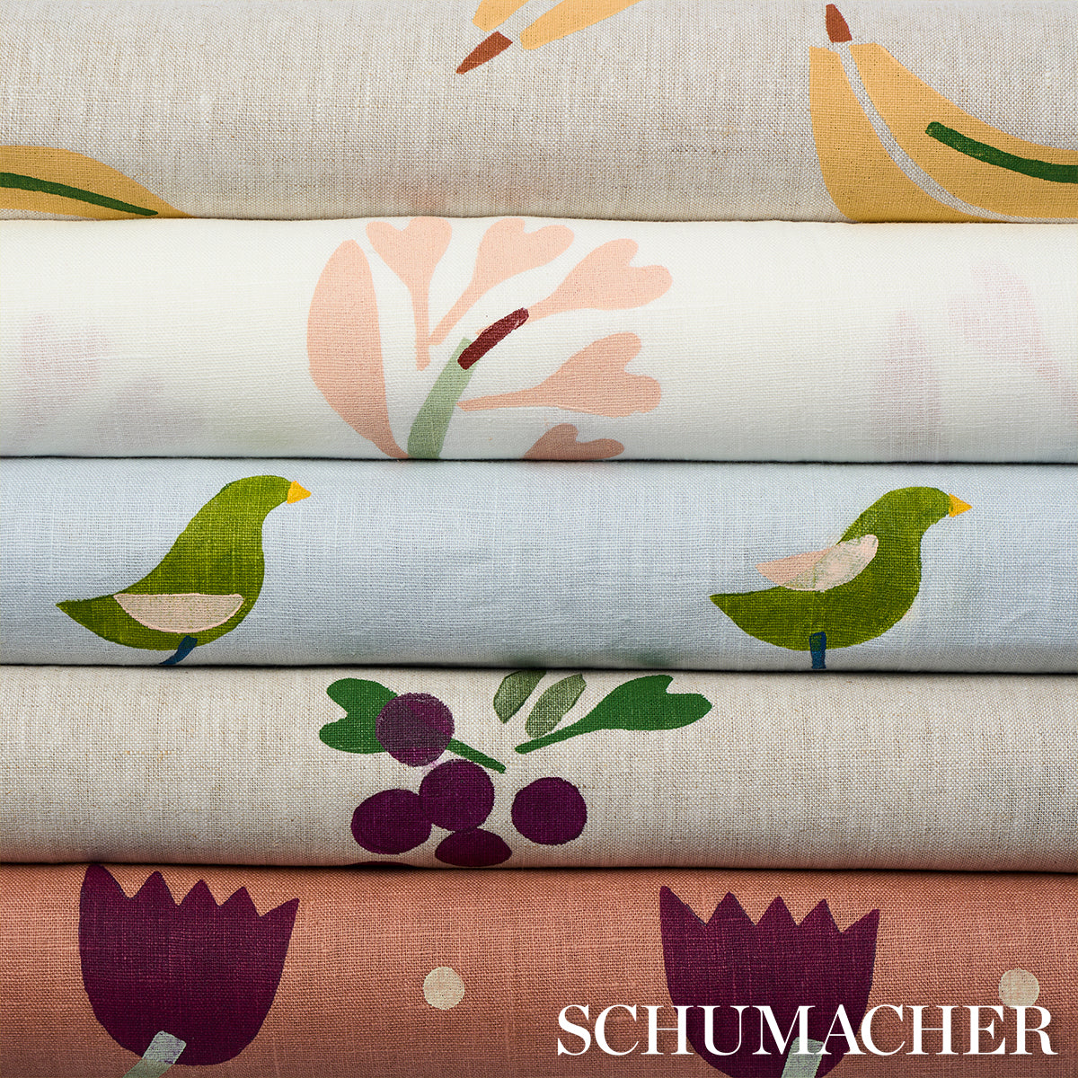 BIRDS-HAND-BLOCK-PRINT-GREEN-ON-SKY-SCHUMACHER-182381 - Schumacher Fabric