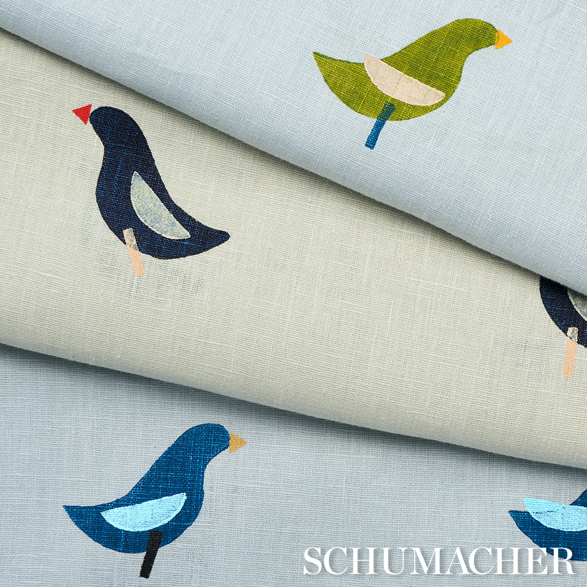 BIRDS-HAND-BLOCK-PRINT-NAVY-ON-SKY-SCHUMACHER-182382 - Schumacher Fabric