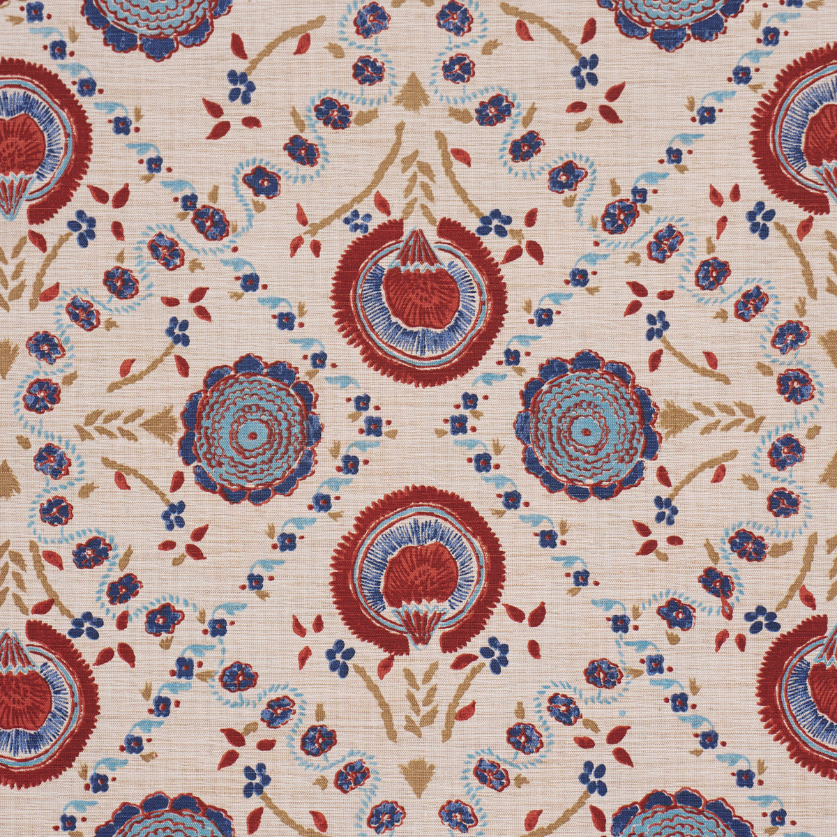 Athena Hand-Screen Print - Red & Blue - Schumacher 183050 Fabric - Schumacher Fabric